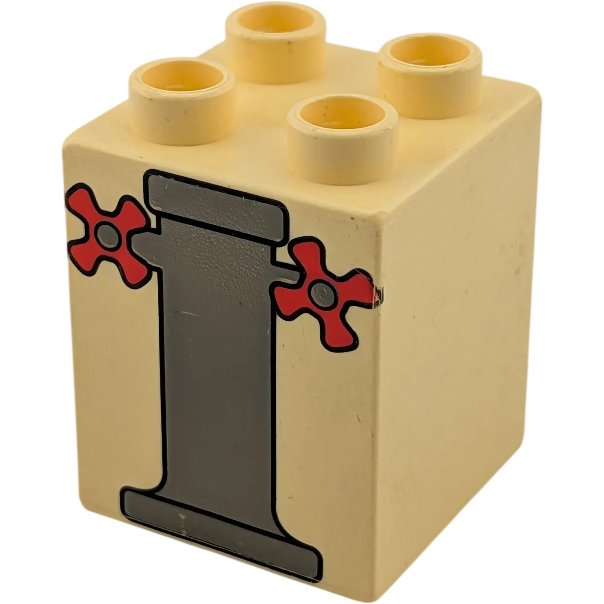 Lego Duplo 4066 Stein 1x2x2 Beige mit Rohr Wasserleitung und roten Ventilen