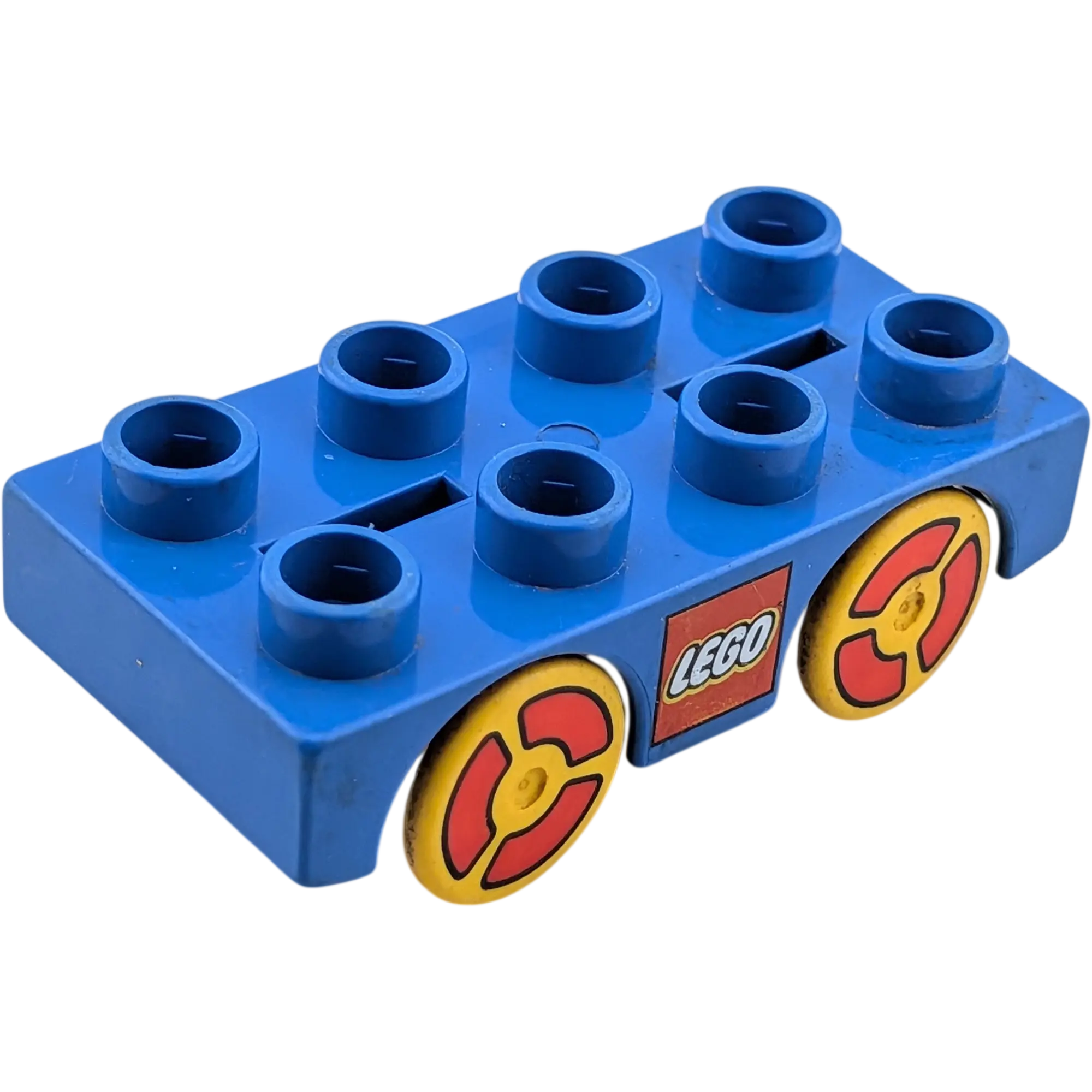 Lego Duplo Auto Fahrzeug Unterteil 2x4 Blau mit 2 Schlitzen und gelb-roten Rädern alte Version