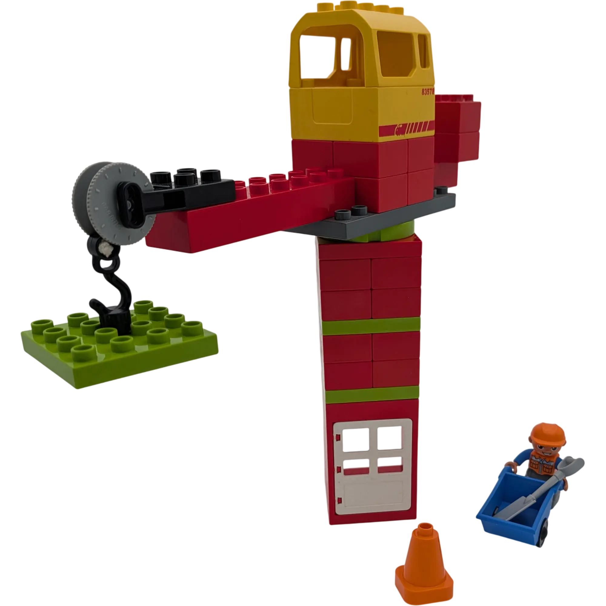 Lego Duplo großer Kran mit Schnurrolle, Bauarbeiter, Schubkarre und Zubehör