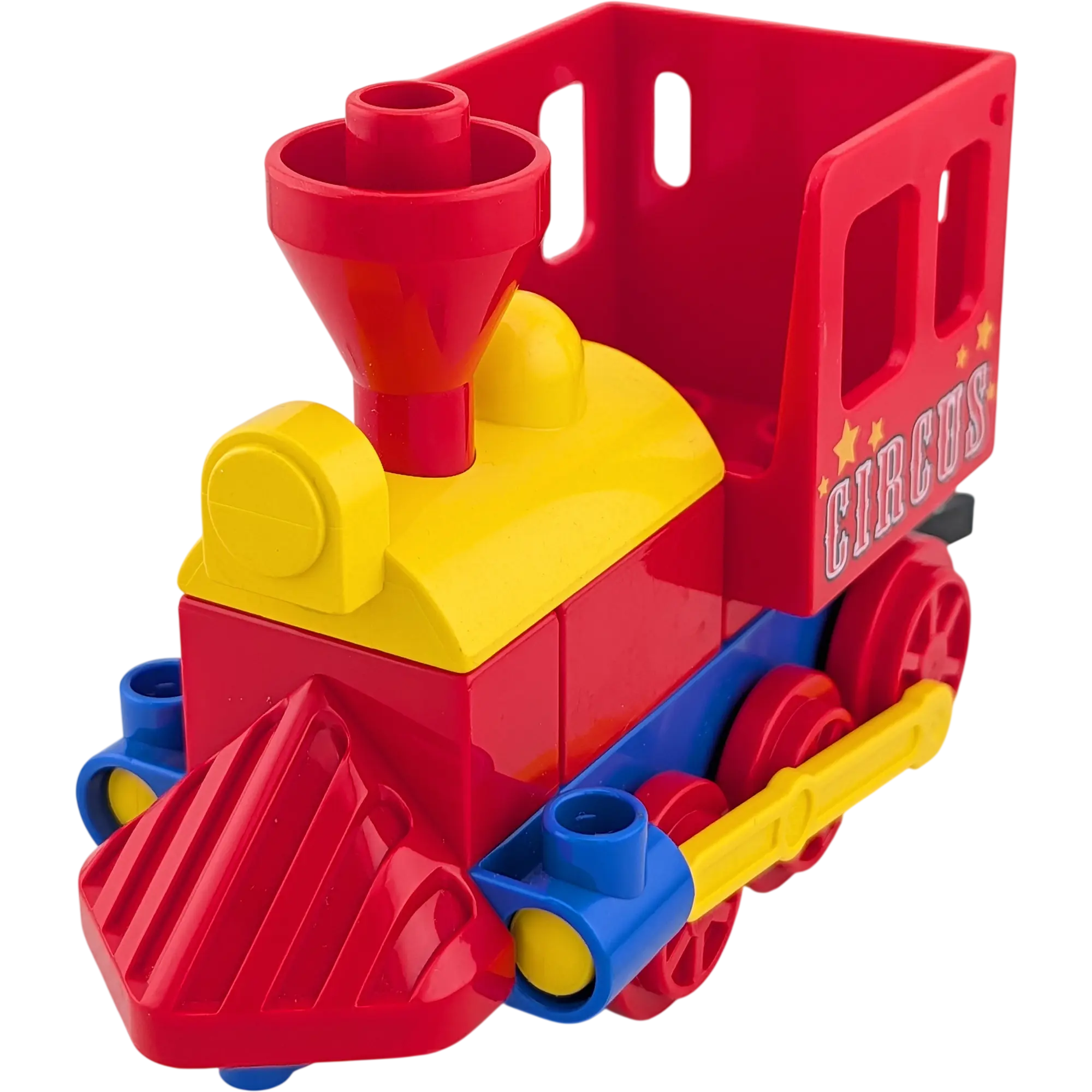 Lego Duplo Eisenbahn Zug Schiebelok Blau Gelb Rot Aufschrift Circus