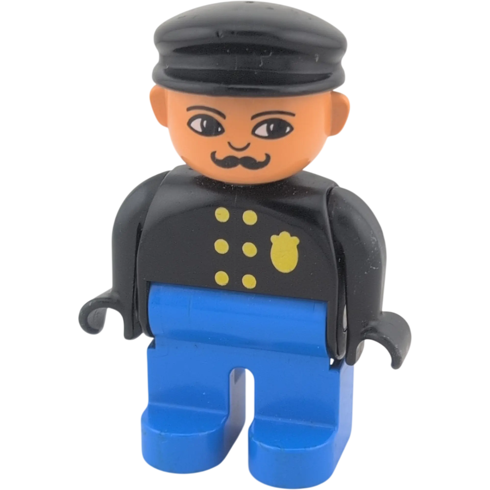 Lego Duplo 4555 Mann Polizist Sheriff mit Marke, blaue Hose, schwarze Basecap, schwarzes Oberteil mit Knöpfen Schnurrbart
