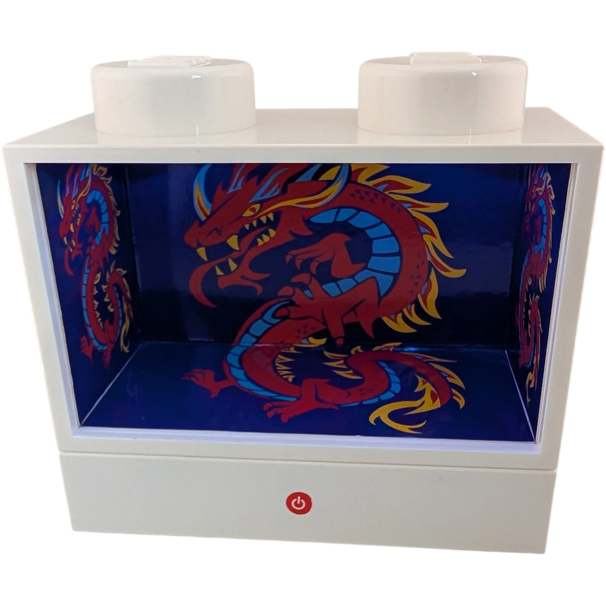 Lego Vitrine Nachtlicht für Minifiguren im Baustein-Design mit LED-Farbwechsel Drachen-Motiv Weiß, Ansicht 2