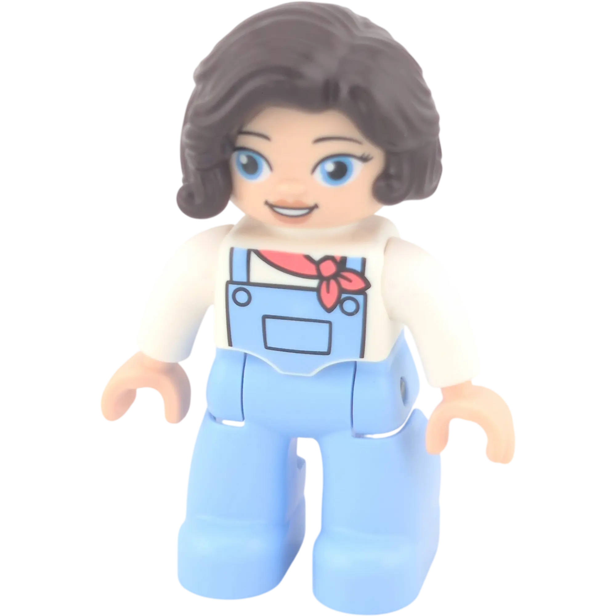 Lego Duplo 517H1 Frau mit welligen braunen Haaren, helle Haut, blaue Latzhose und pinkes Halstuch