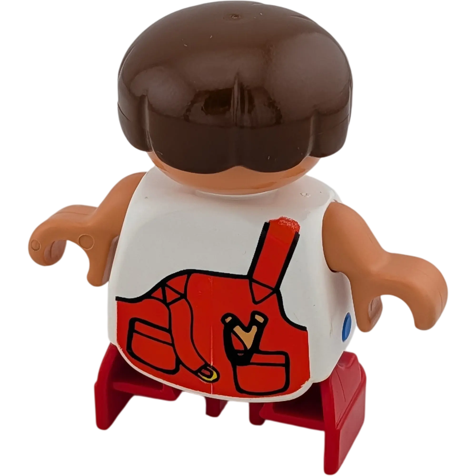 Lego Duplo Mädchen mit roter Latzhose braune mittellange Haare Steinschleuder in der Hosentasche
