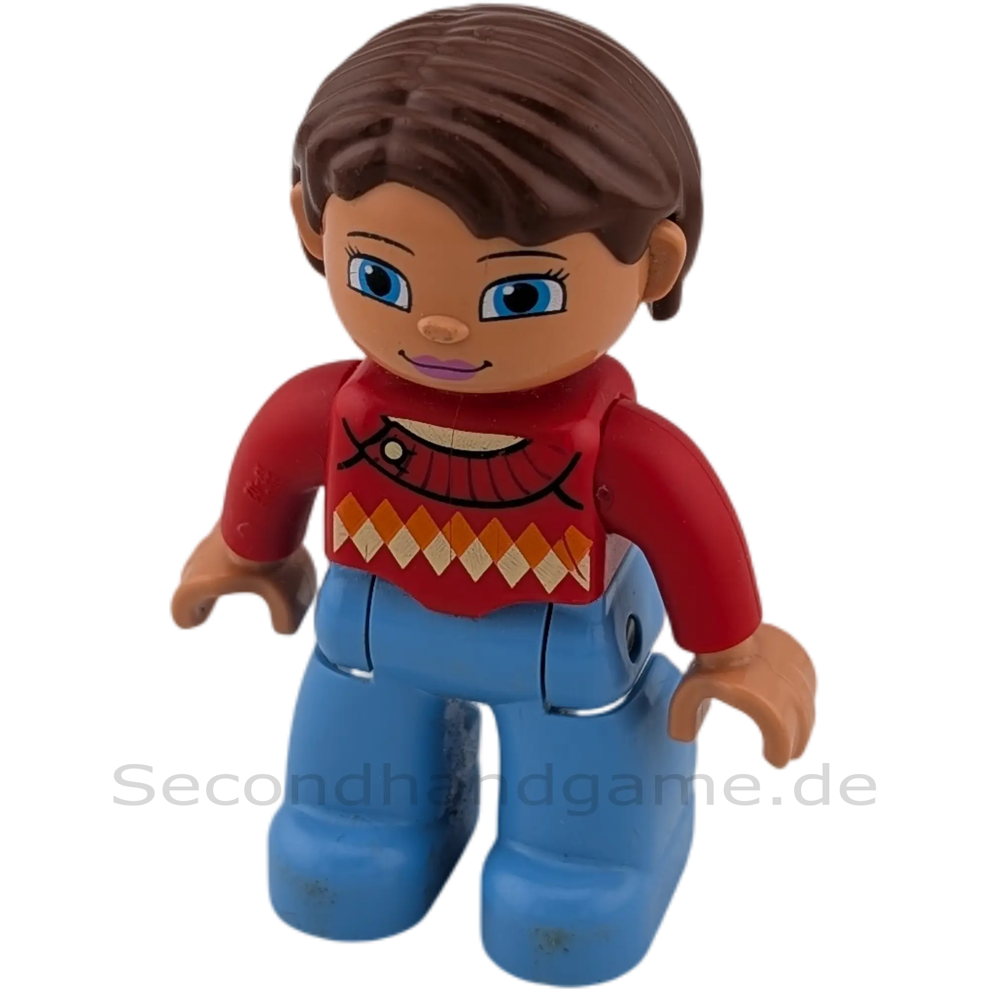 Lego Duplo 732H5 Frau mit hellblauer Hose und rotem Strickpulli, braune kurze Haare