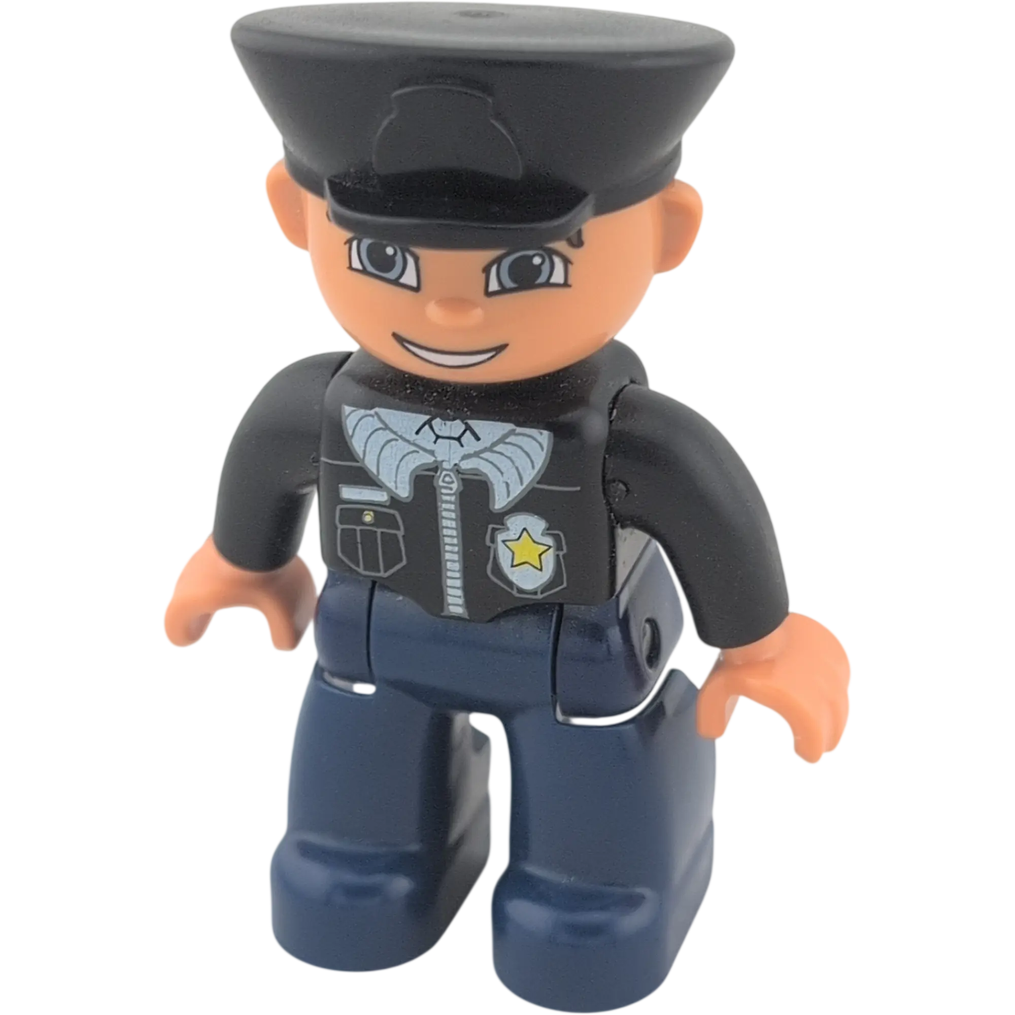 Lego Duplo Mann Polizist schwarze Mütze, schwarze Jacke mit Sheriffstern, blaue Hose, blaue Augen