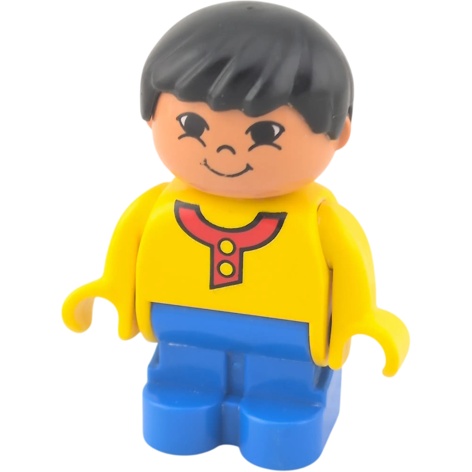 Lego Duplo 4643 Junge schwarze Haare mit blauer Hose, gelbes Hemd, roter Kragen