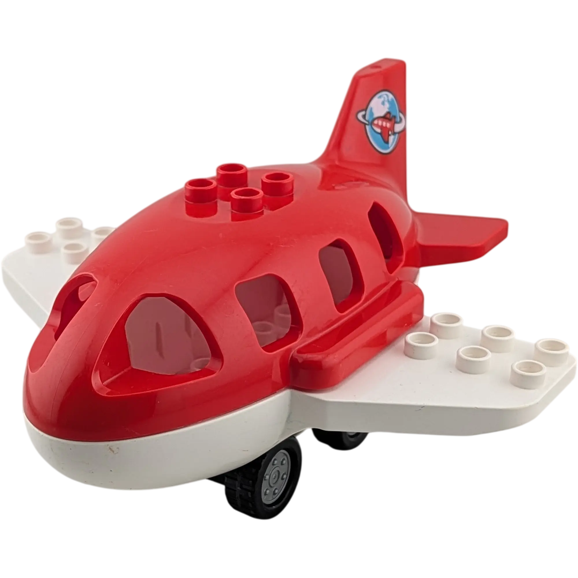 Lego Duplo Flugzeug Rot Weiß mit Erde auf dem Heck Räder Silber