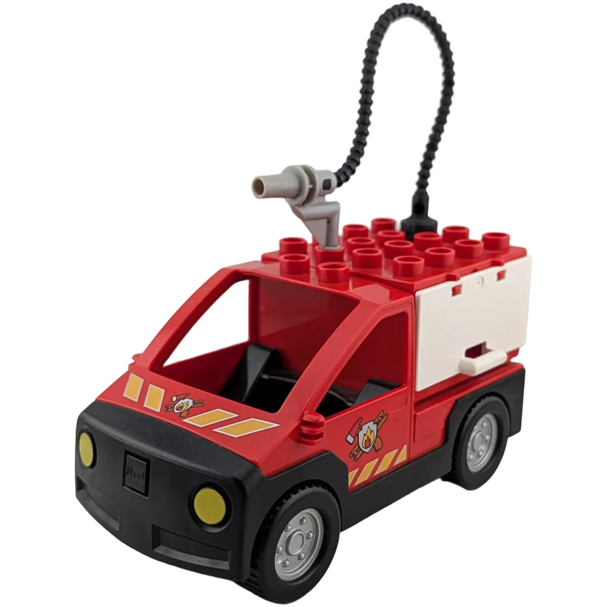 Lego Duplo Feuerwehrauto Jeep Rot mit zwei Schränken auf der Ladefläche und Feuerwehrschlauch