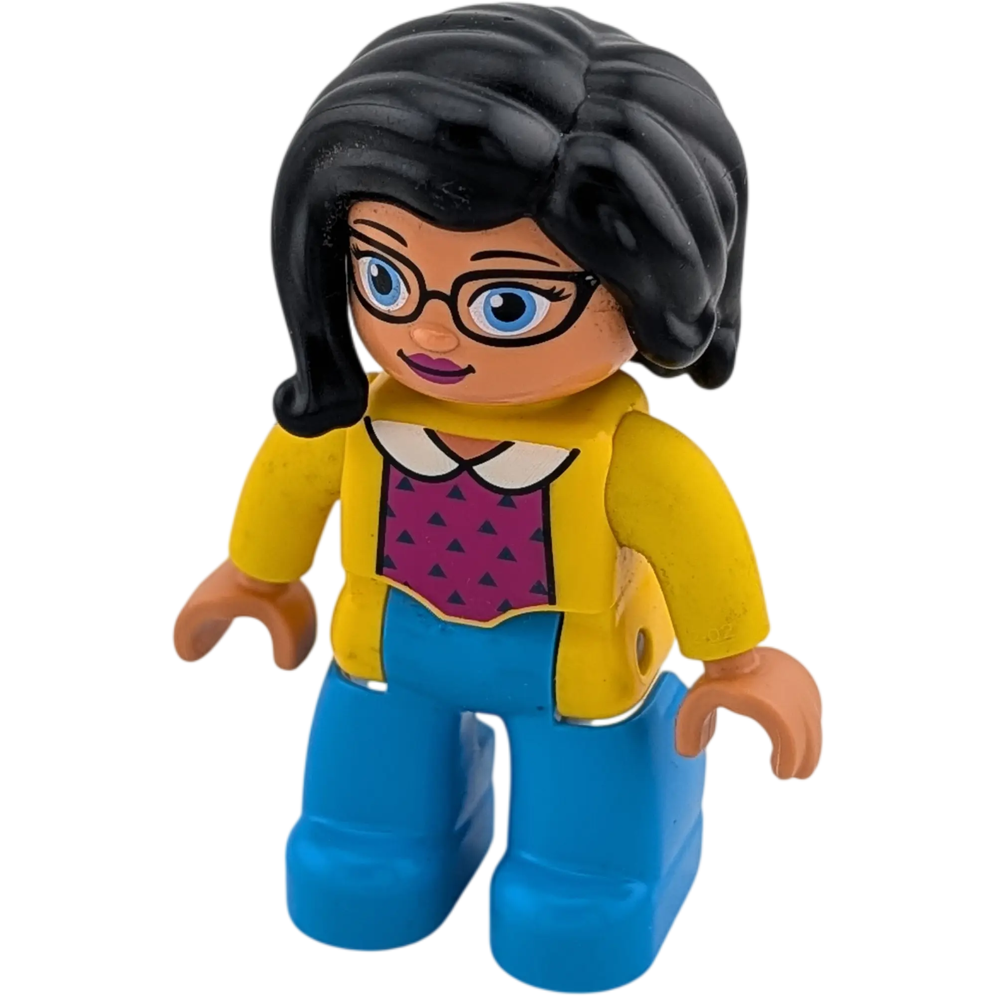 Lego Duplo 438H8 Frau mit Brille, gelber Jacke, Haar Schwarz, Blaue Hose