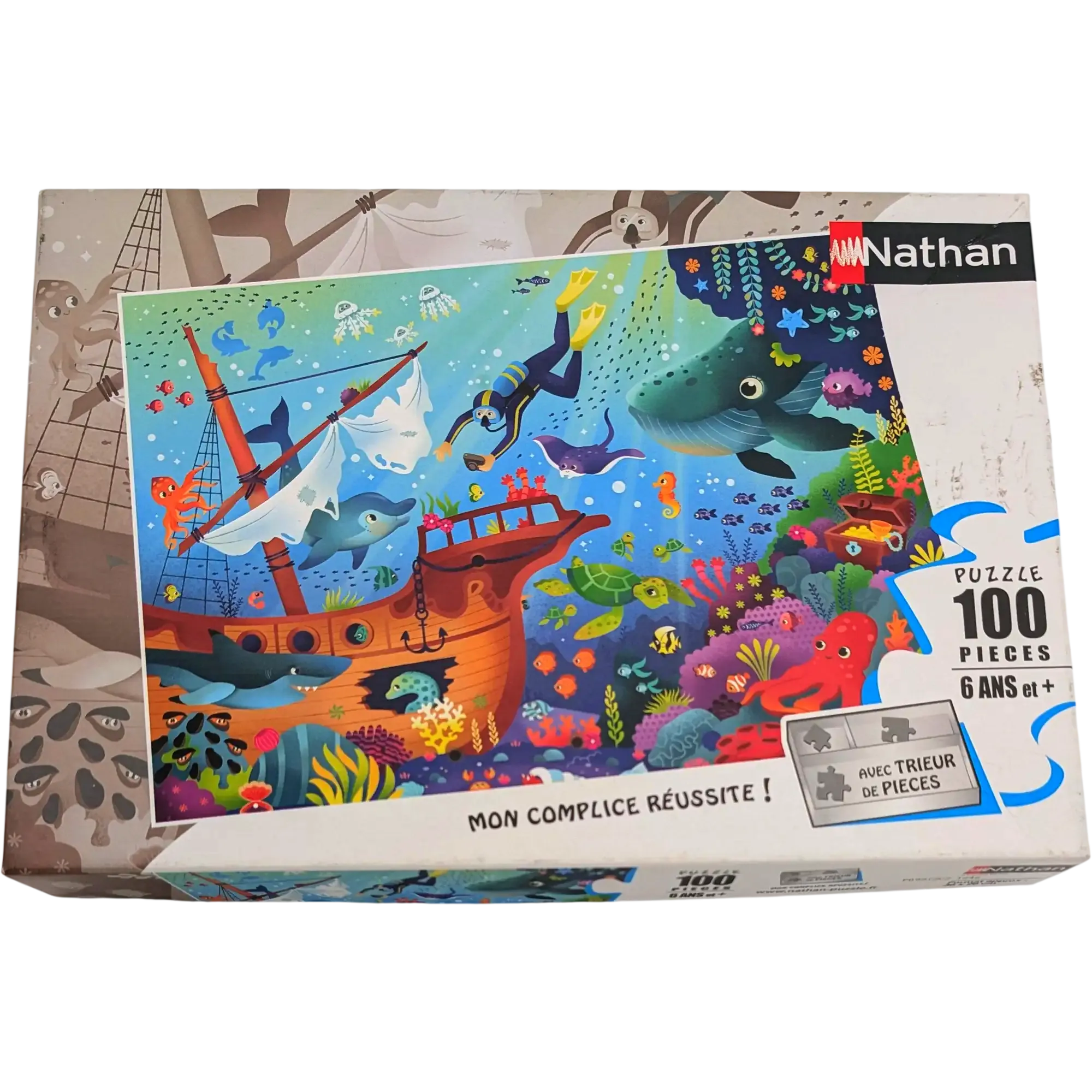 Nathan Puzzle 100 Teile 867653 Unterwasserwelt Schiffswrack mit Taucher Delfin und Schildkröte