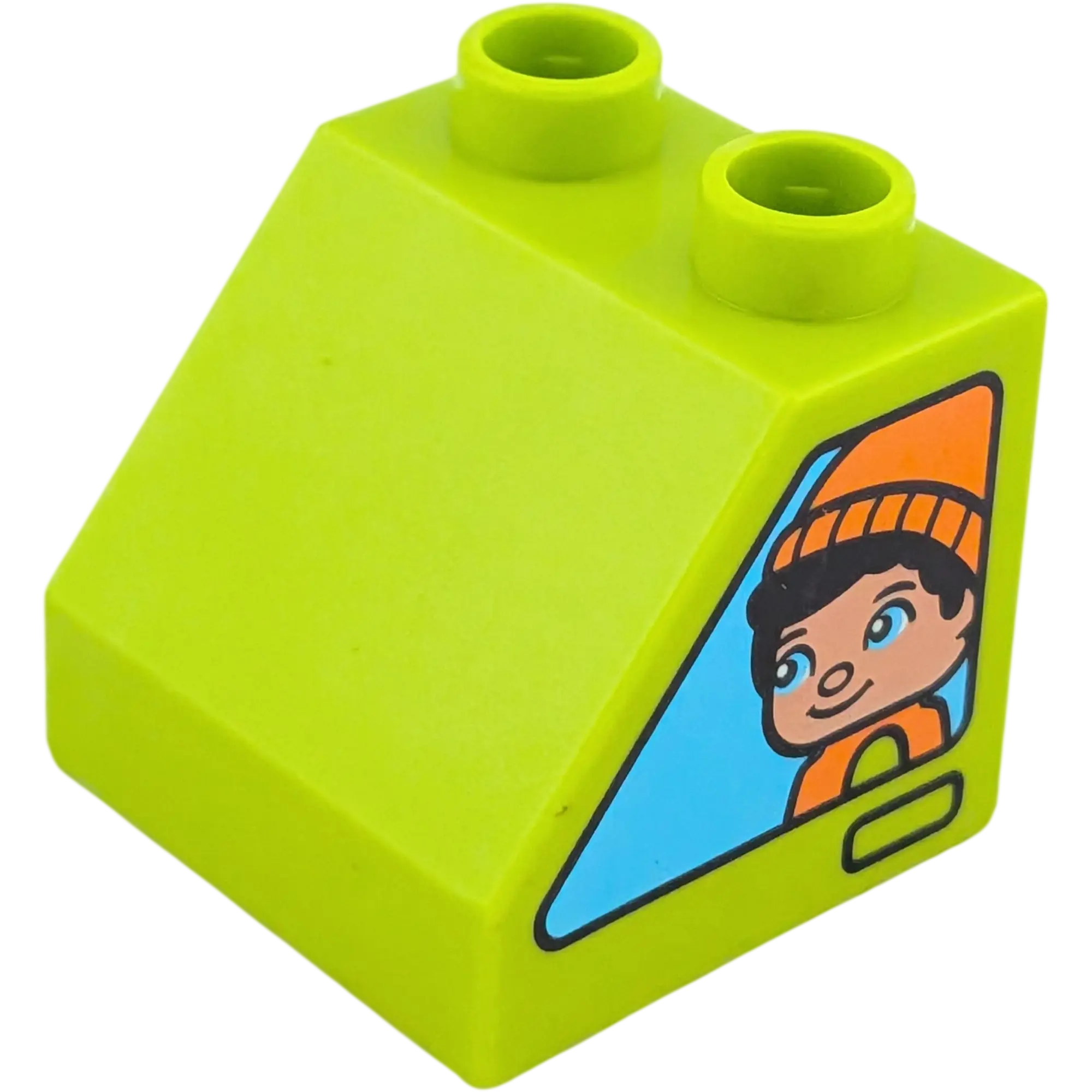 Lego Duplo 6474 Schrägstein 2x2x1 Lime bderuckt mit Junge mit Mütze und Mädchen