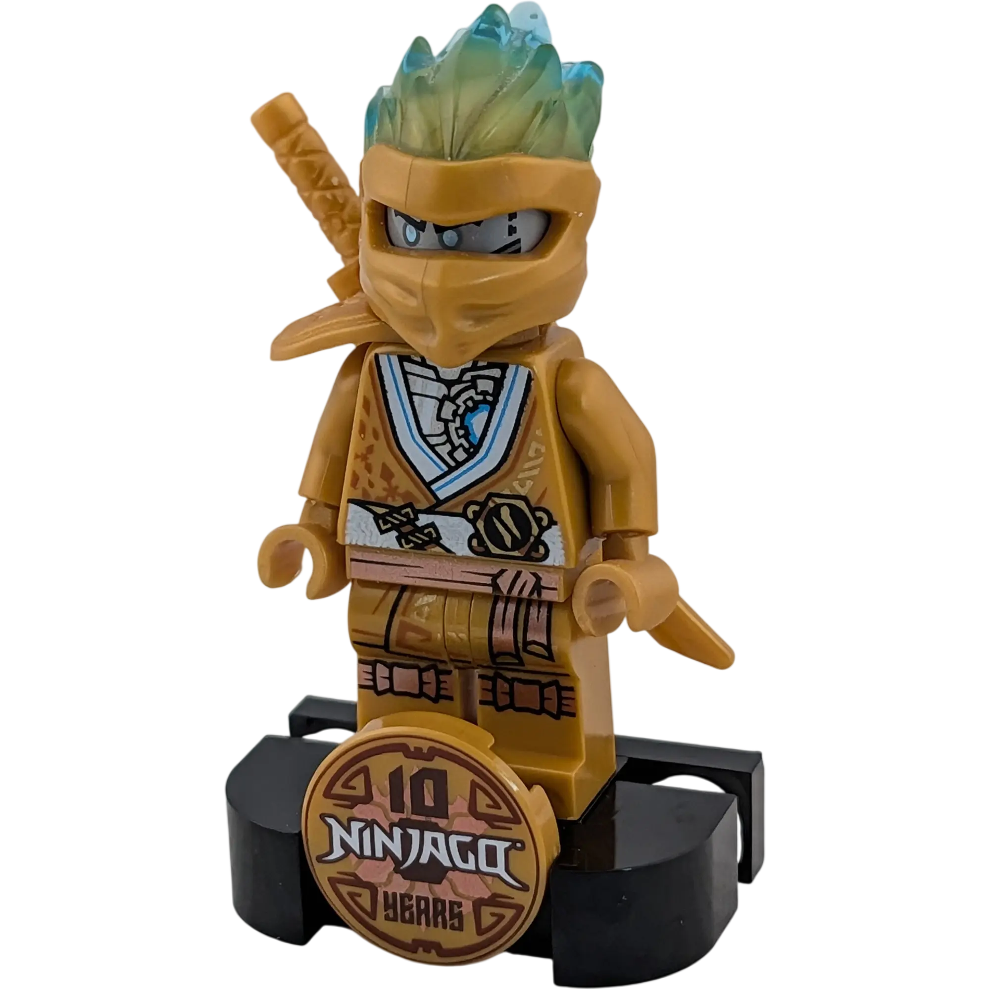Lego Ninjago Minifigur Zane Golden Ninja 10 Jahre Jubiläum njo710 mit Katana und Ständer