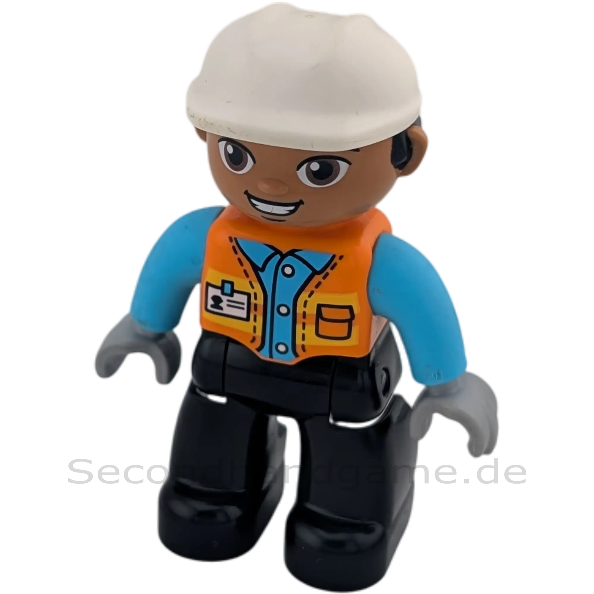 Lego Duplo 307H1 Bauarbeiter Hose Schwarz Sicherheitsweste Orange Helm weiß Hemd Azur