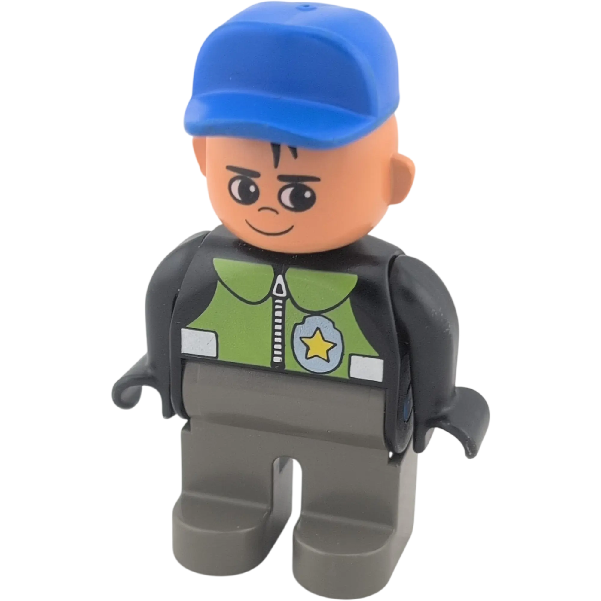 Lego Duplo Polizist schwarzer Anzug mit Sheriffstern, graue Hose, blaue Cape