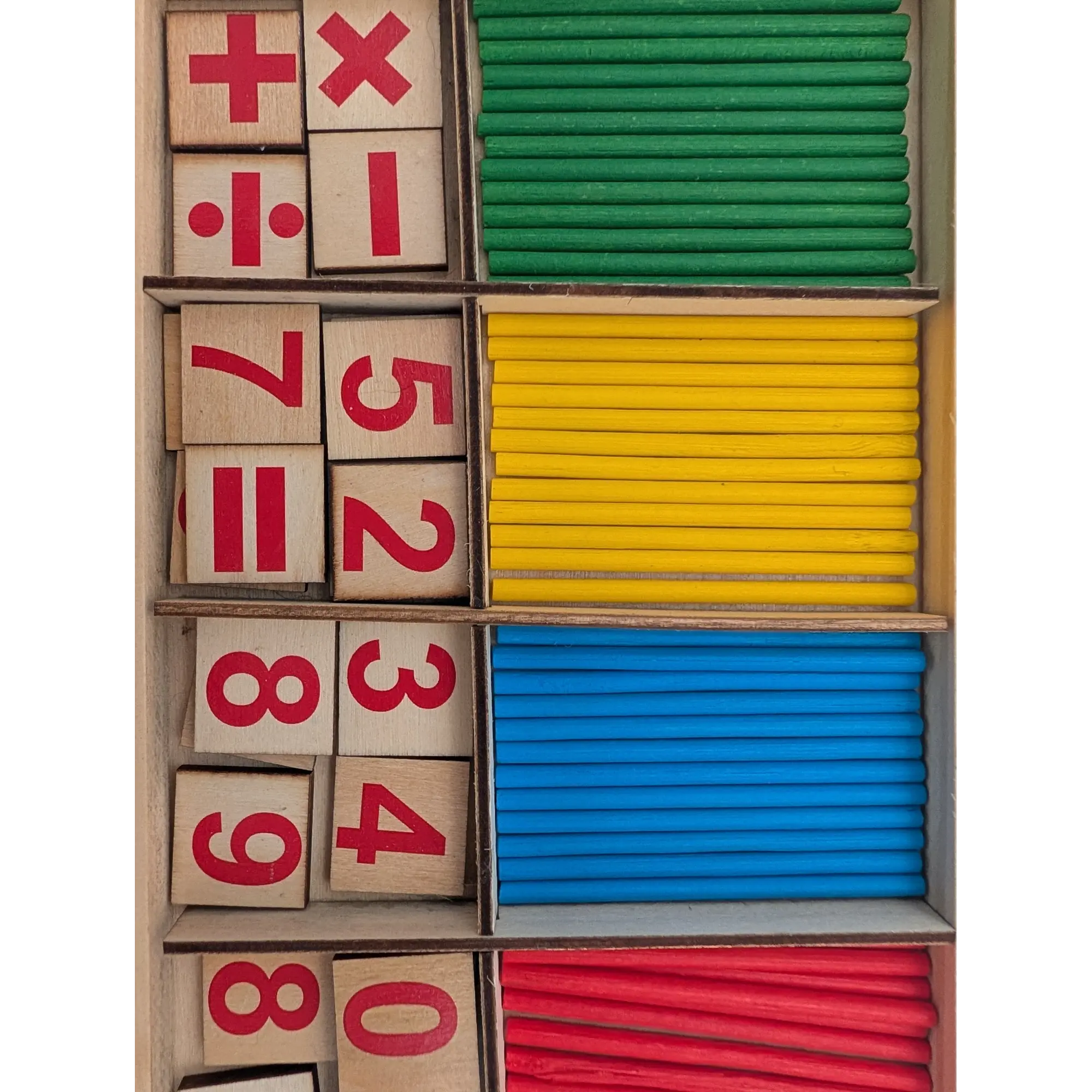 Holz Rechenlernspiel Zählstäbe bunt mit Zahlenplättchen und Rechenzeichen Montessori Mathe lernen, Ansicht 2