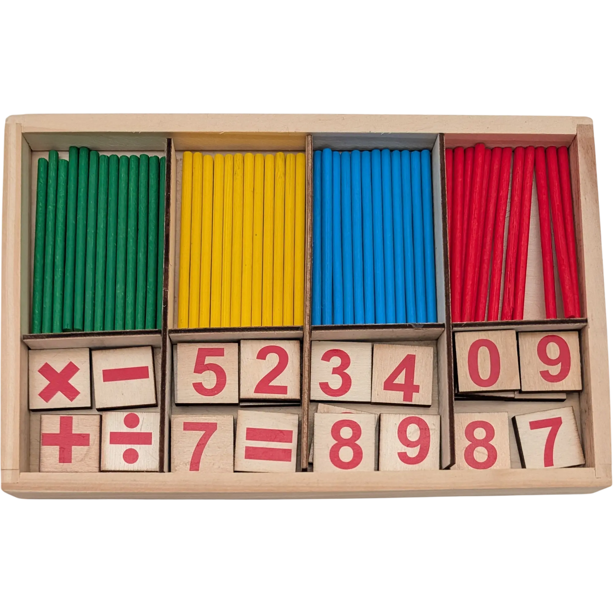 Holz Rechenlernspiel Zählstäbe bunt mit Zahlenplättchen und Rechenzeichen Montessori Mathe lernen