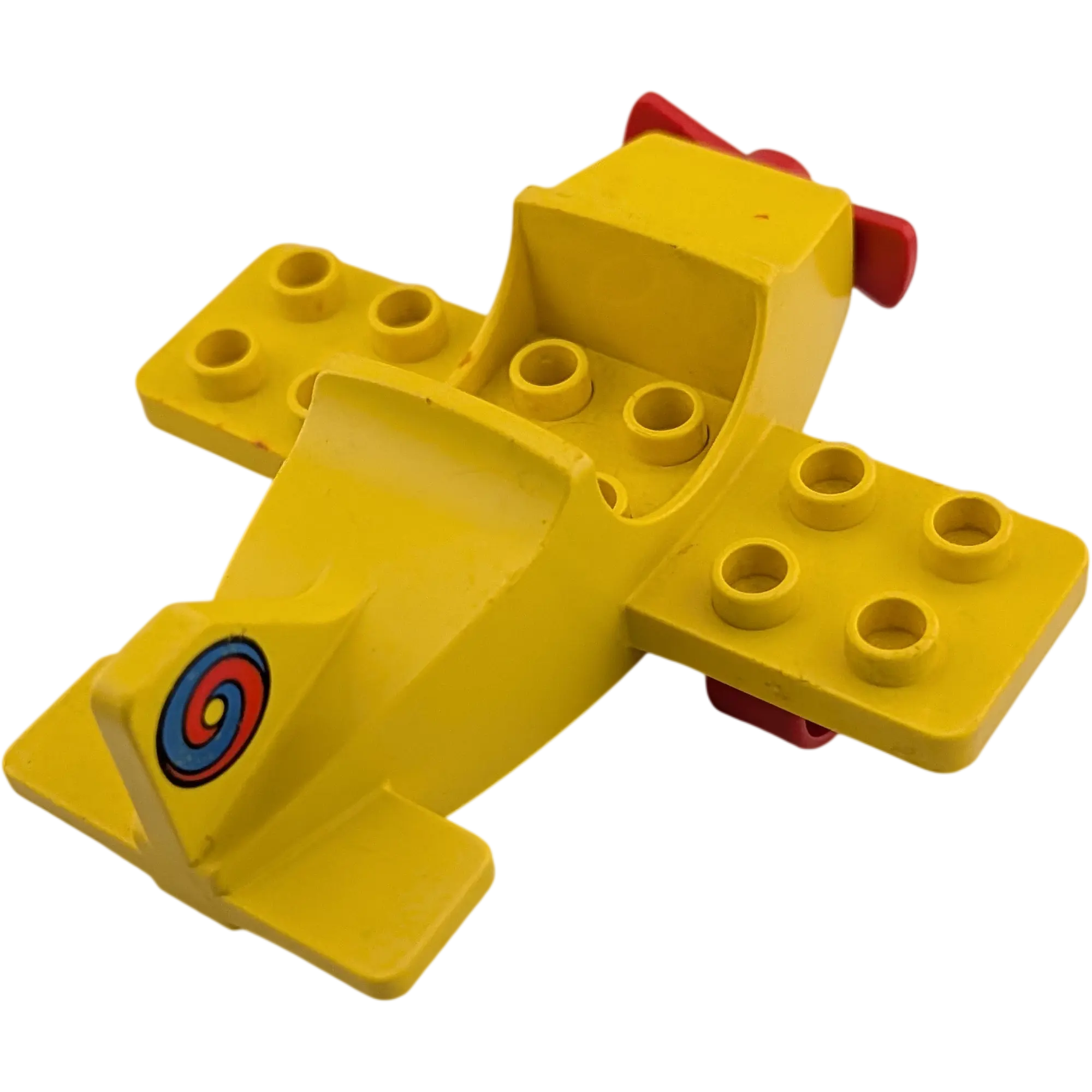 Lego Duplo Flugzeug Gelb mit rotem Propeller und Wirbel auf dem Heck, Ansicht 2