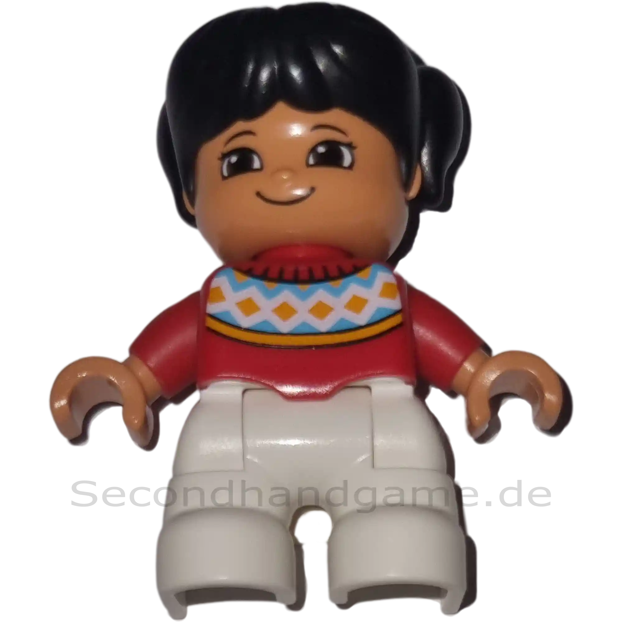 Lego Duplo Figur Kind 445H5 Mädchen mit schwarzen Zöpfen Roter Pulli Weiße Hose
