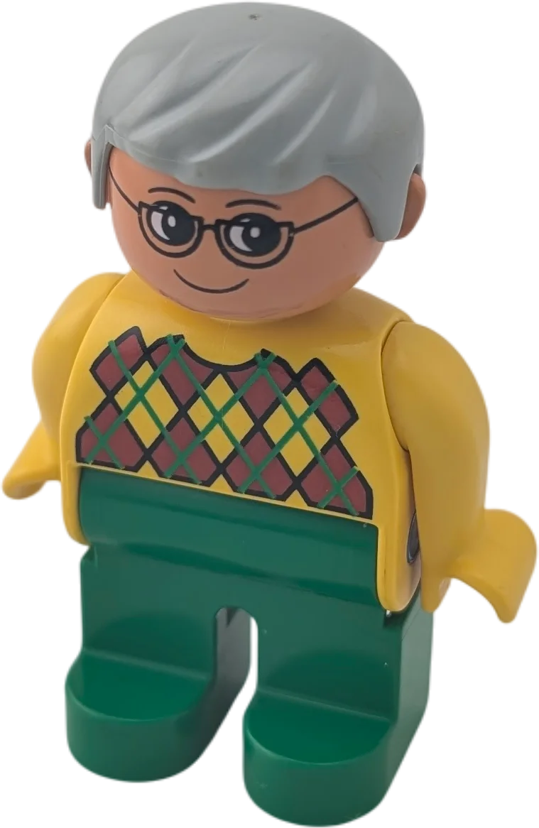 Lego Duplo Figur 4555 Großvater Opa mit grauen Haaren und Karo Pullover Gelb, grüne Hose