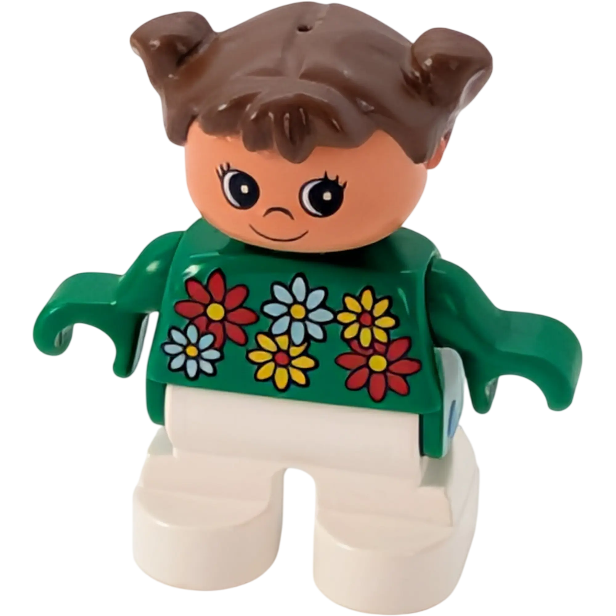 Lego Duplo Mädchen mit braunen Zöpfen blauer Pulli mit Blumen weiße Hose