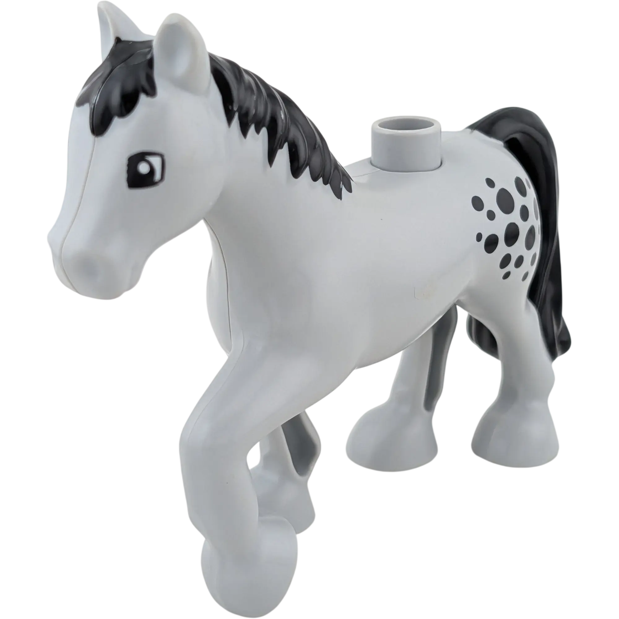 Lego Duplo 539J2 Pferd Hellgrau mit schwarzen Punkten und Mähne und Schwanz