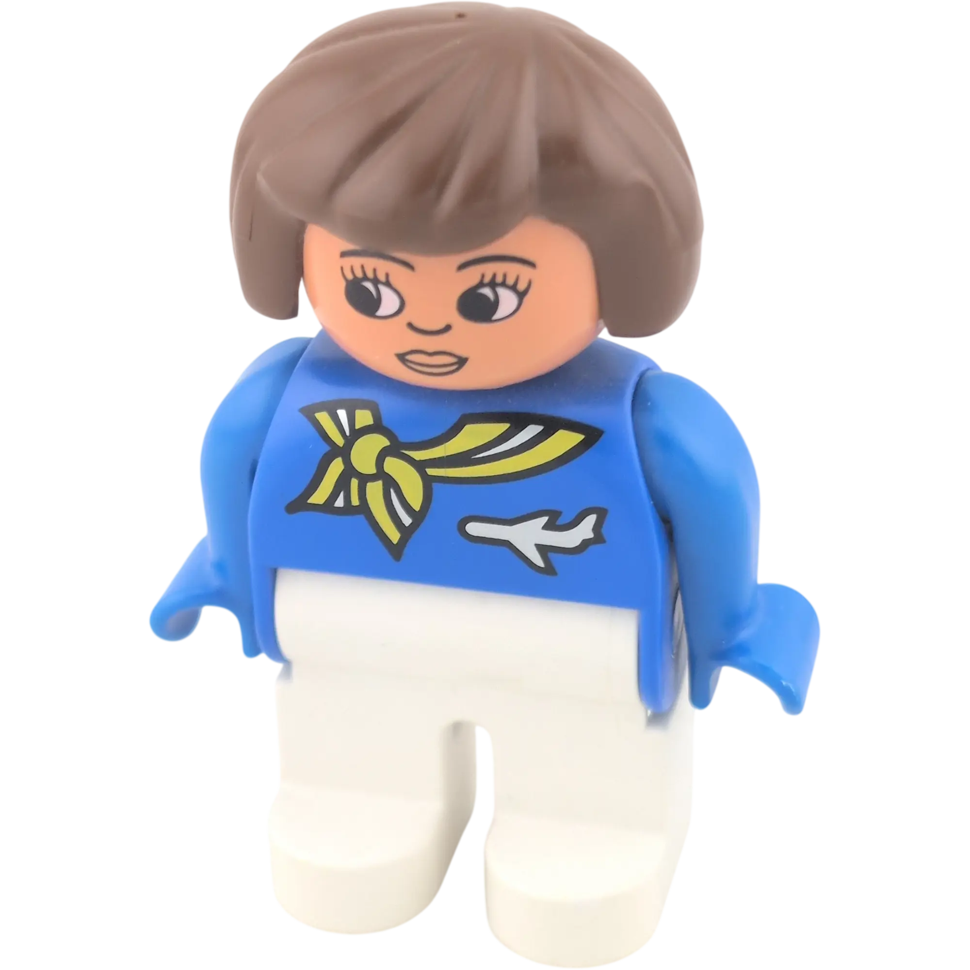 Lego Duplo 4555 Frau Pilotin mit braunen Haaren, blaue Uniform, gelbes Halstuch, weißes Flugzeug