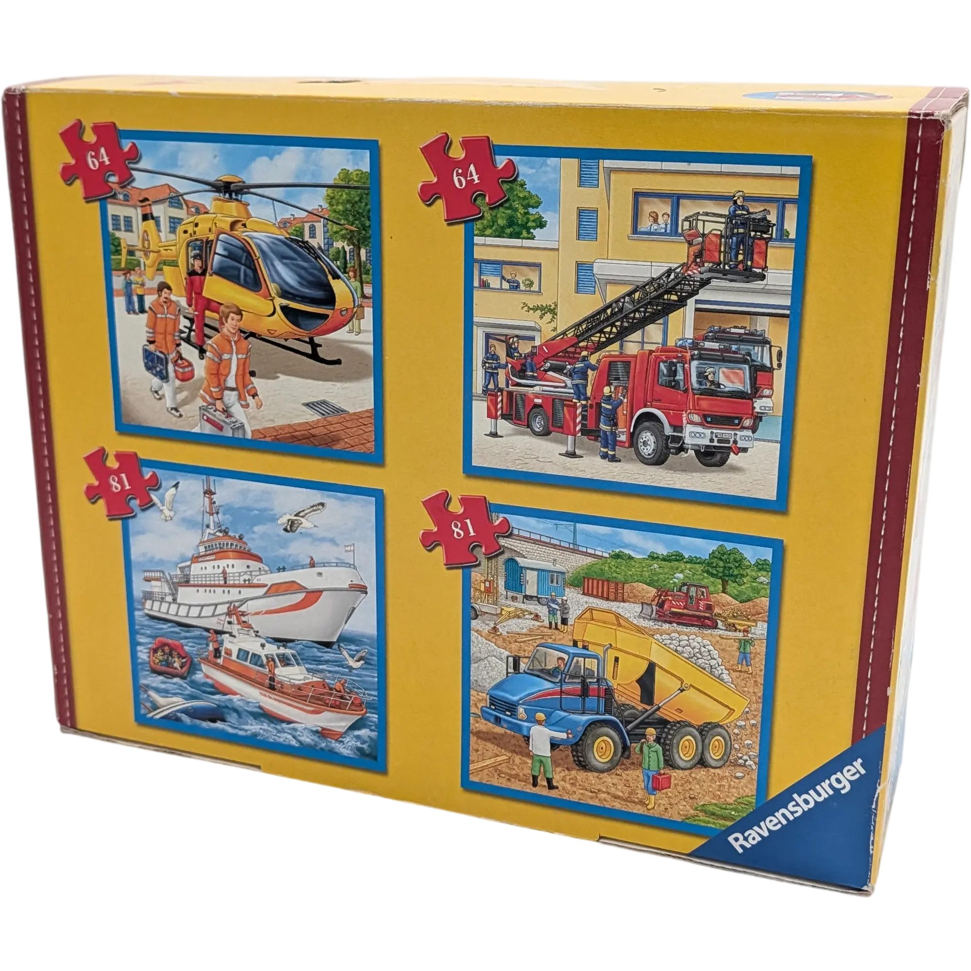Ravensburger 4 Puzzle im Koffer 073917 2x64 2x81 Teile Einsatzfahrzeuge Feuerwehr Rettungshubschrauber Seenotrettung Baustelle, Ansicht 2