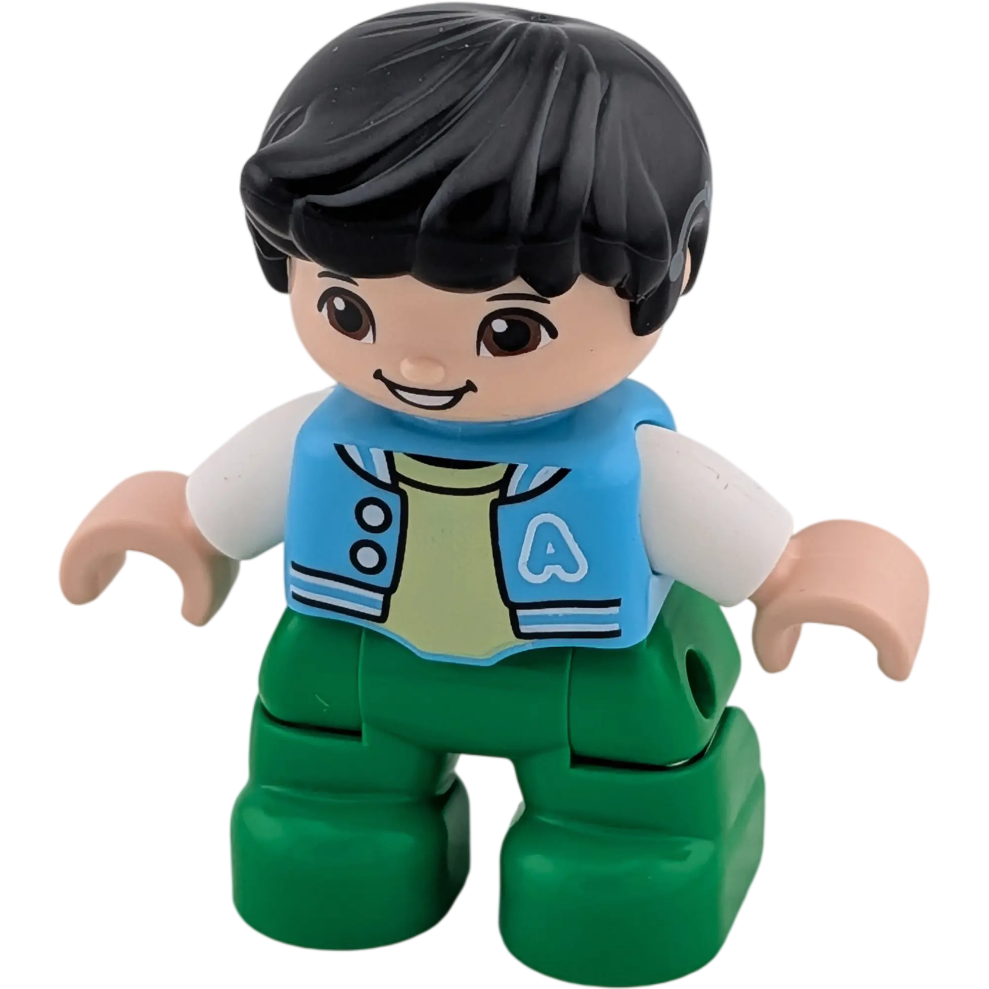 Lego Duplo Figur Junge Grüner Hose Hellblaue Jacke mit A-Team schwarze Haare