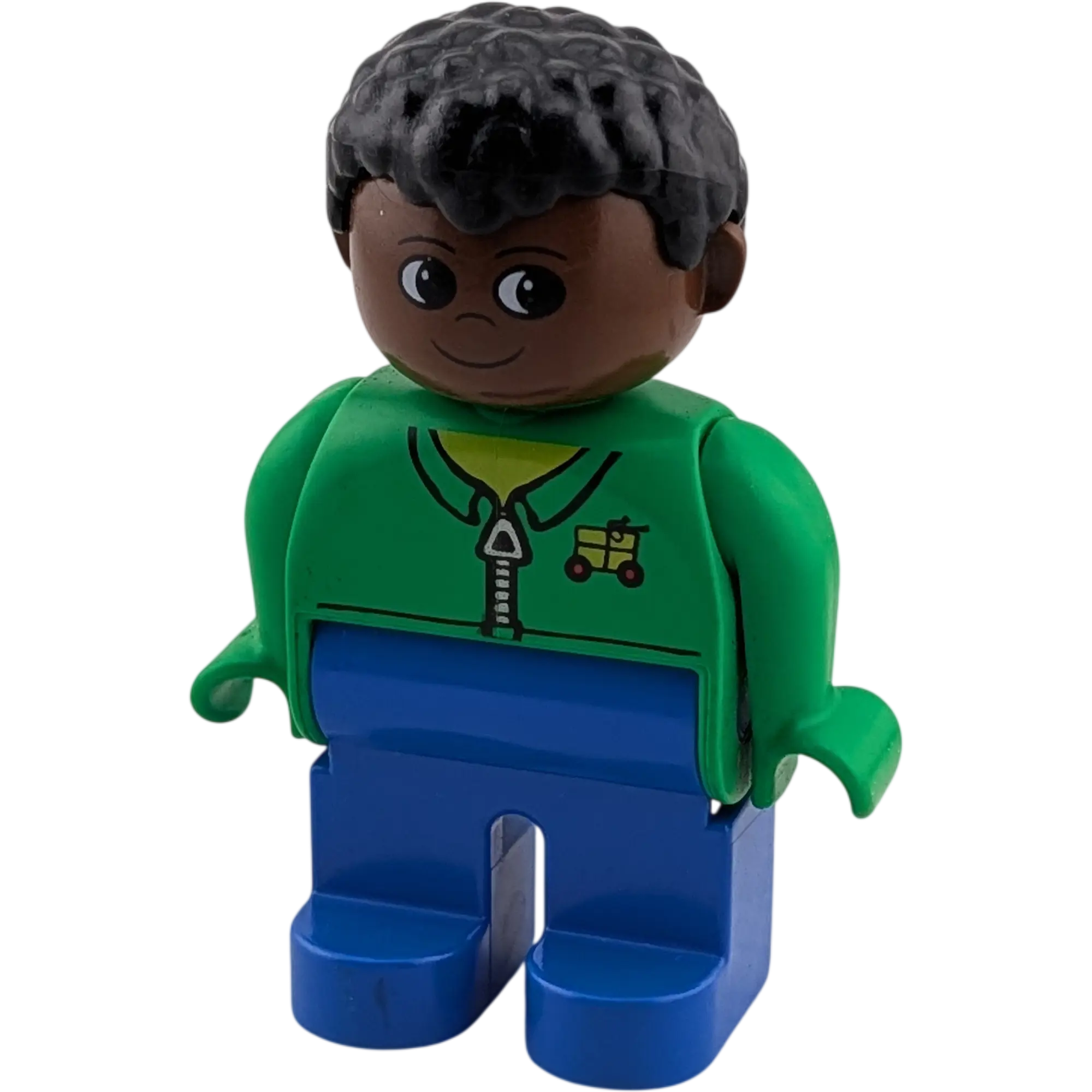 Lego Duplo Figur Mann 47394 dunkler Teint schwarze Locken grüne Jacke mit Reißverschluss blaue Hose