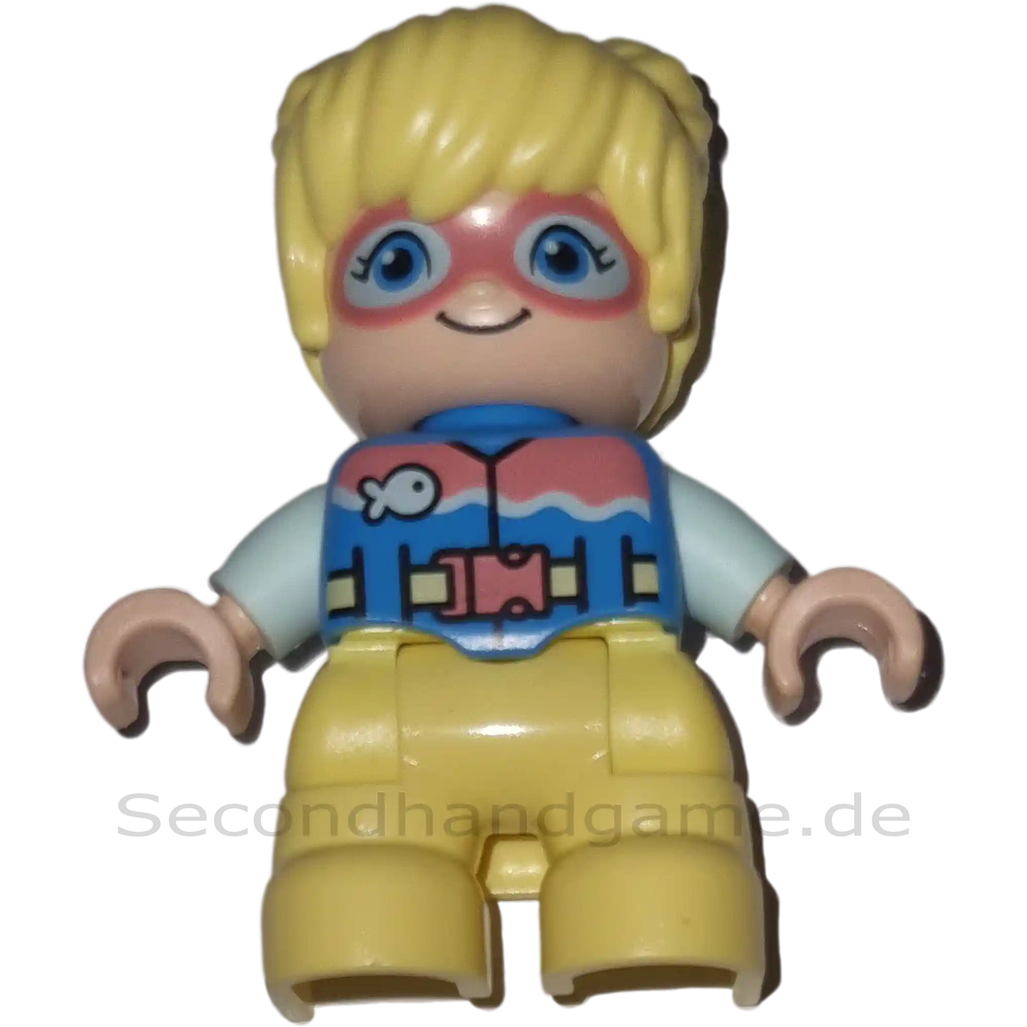 Lego Duplo Figur Kind 234H3 Mädchen mit blonden Zöpfen Brille Gürtel Fisch