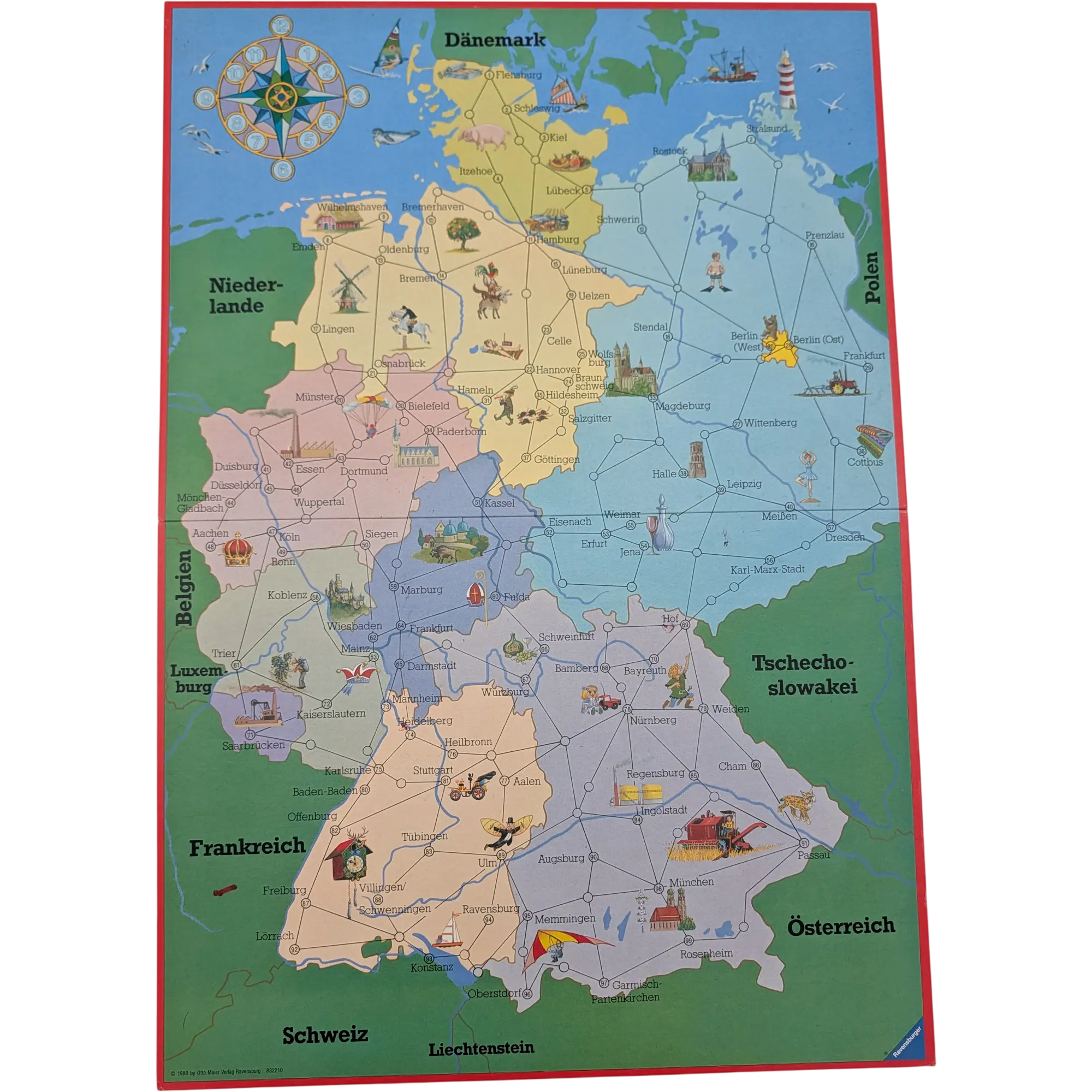 Spielplan Spielbrett Ravensburger Deutschlandreise 1986 mit Reliefkarte Deutschland beidseitig bedruckt