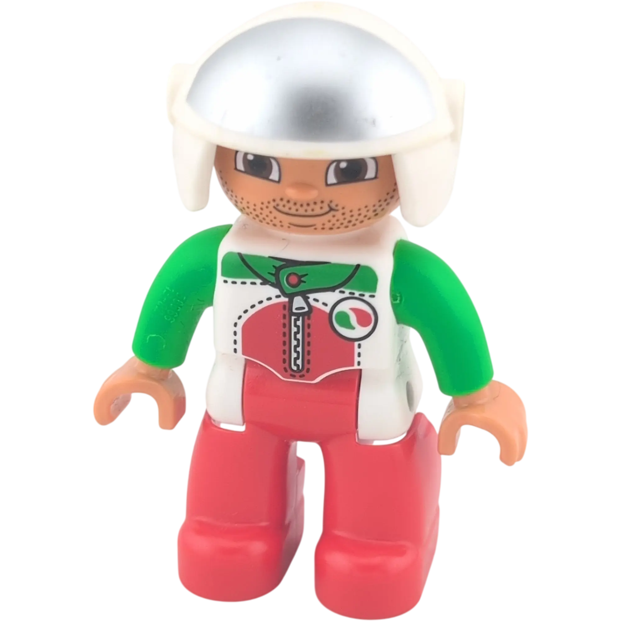Lego Duplo 303H6 Mann Rennfahrer mit Octan Anzug Reißverschluss Helm