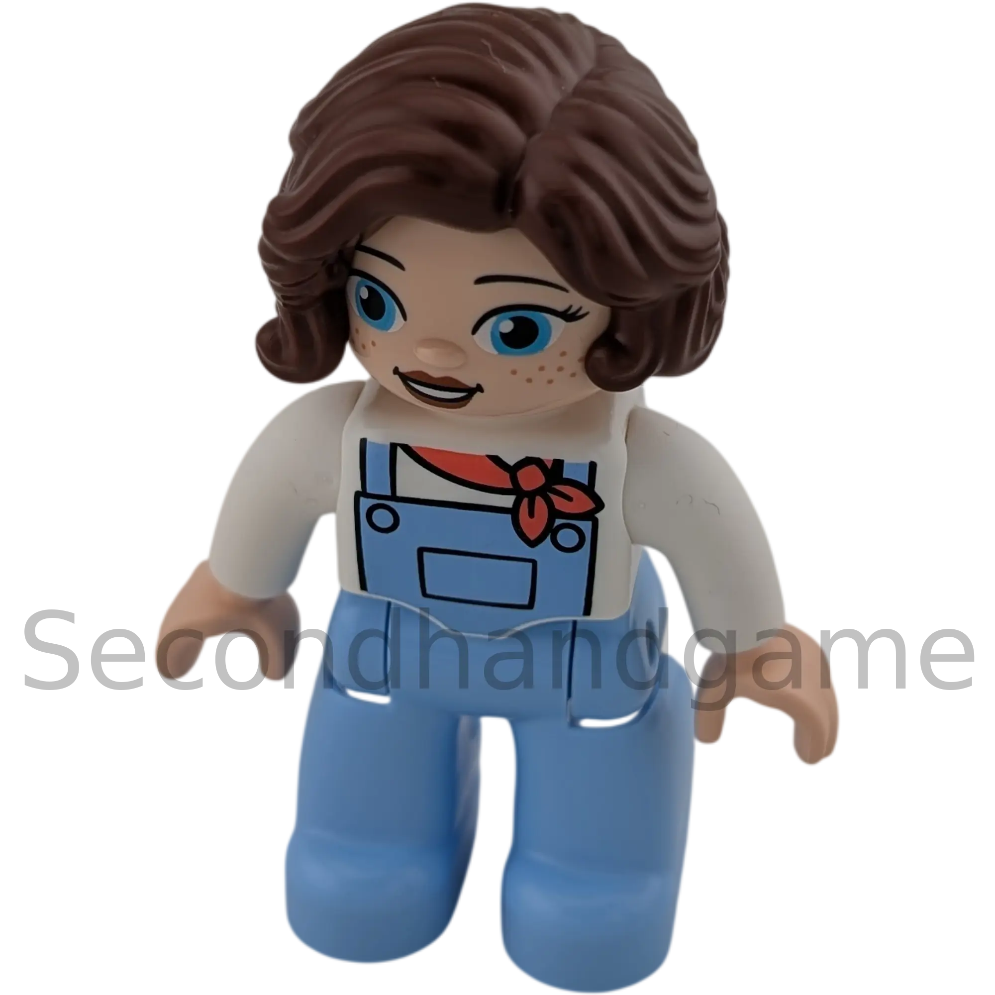 Lego Duplo 517H1 Frau mit welligen braunen Haaren, Sommersprossen, blaue Latzhose und pinkes Halstuch
