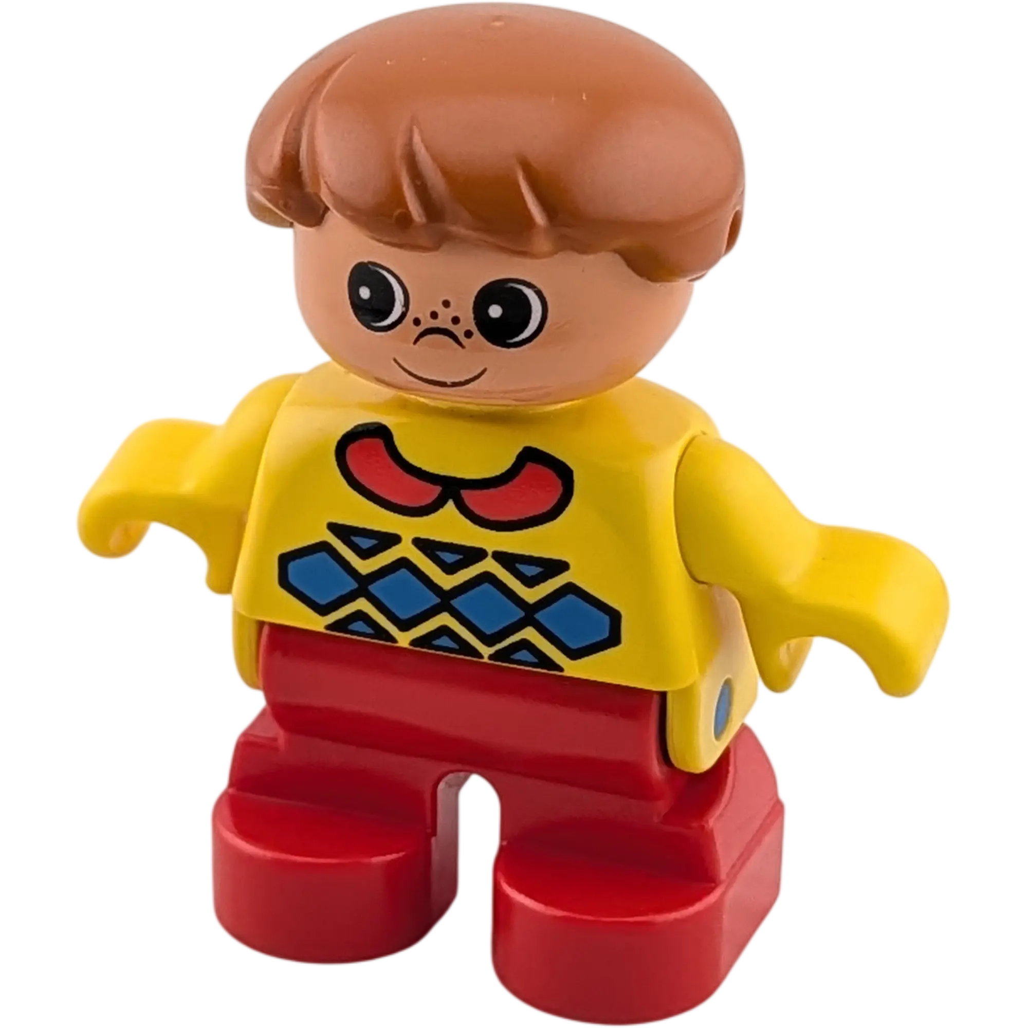 Lego Duplo Figur Junge Kleinkind braune Haare gelbes Oberteil mit blauem Rautenmuster roter Kragen rote Hose