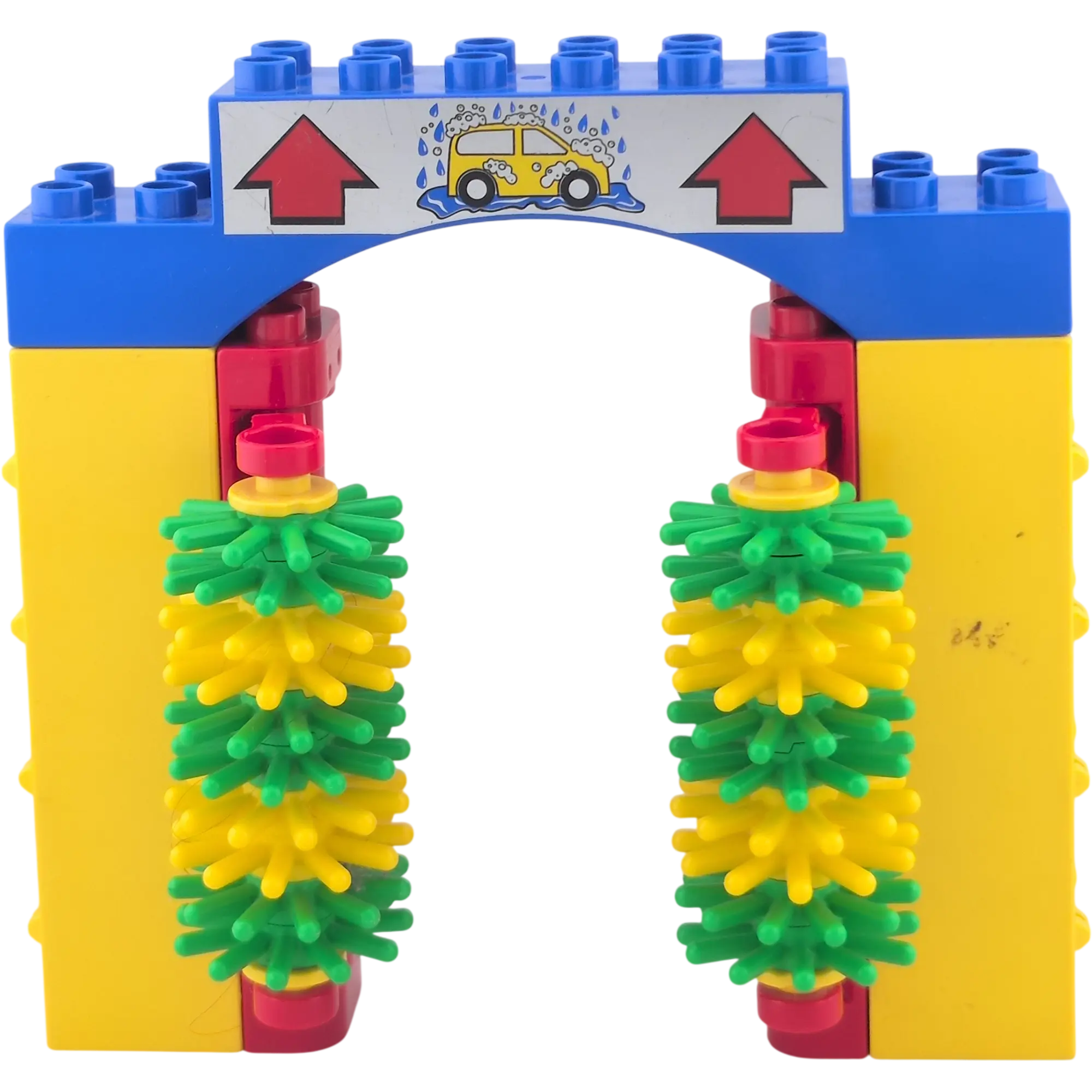 Lego Duplo Autowaschstraße Autowaschanlage Rot Gelb mit Grün gelben Borsten Blaues Schild