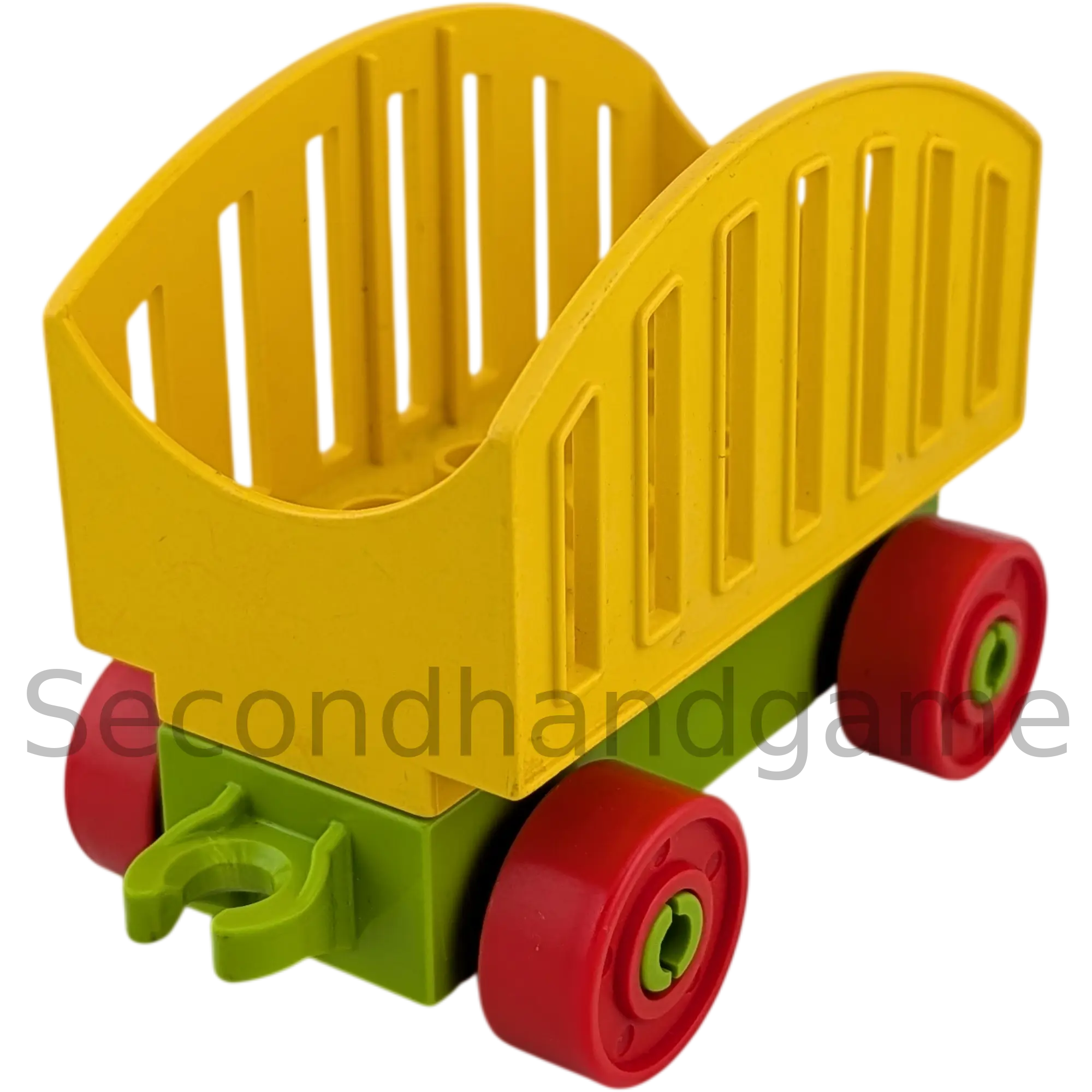 Lego Duplo Eisenbahn Anhänger Hellgrün Räder Rot mit Pferdeanhängeraufsatz Gelb