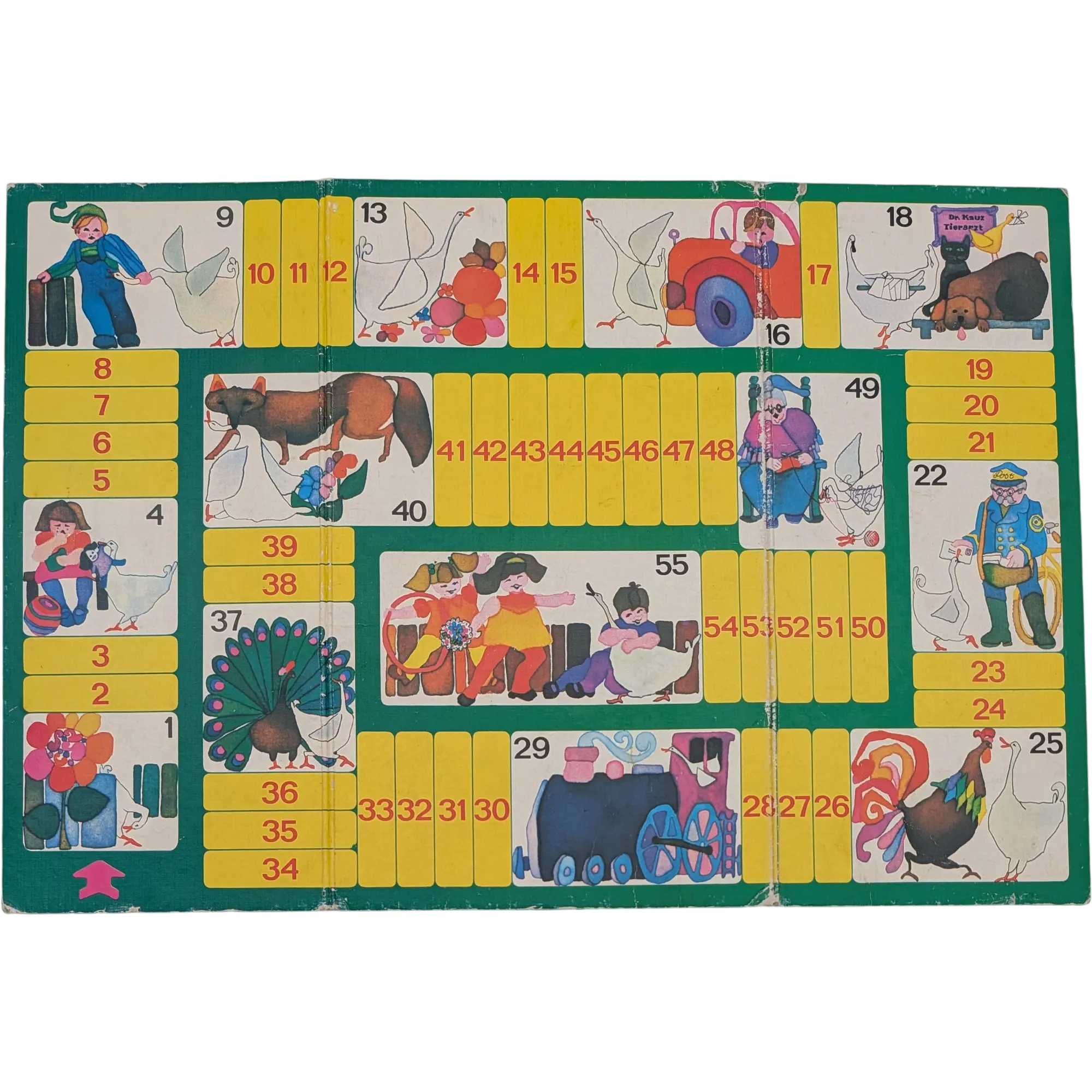 Spielplan Spielbrett Gänsespiel 55 Felder Vintage mit Gans Lokomotive Pfau Briefträger einseitig bedruckt