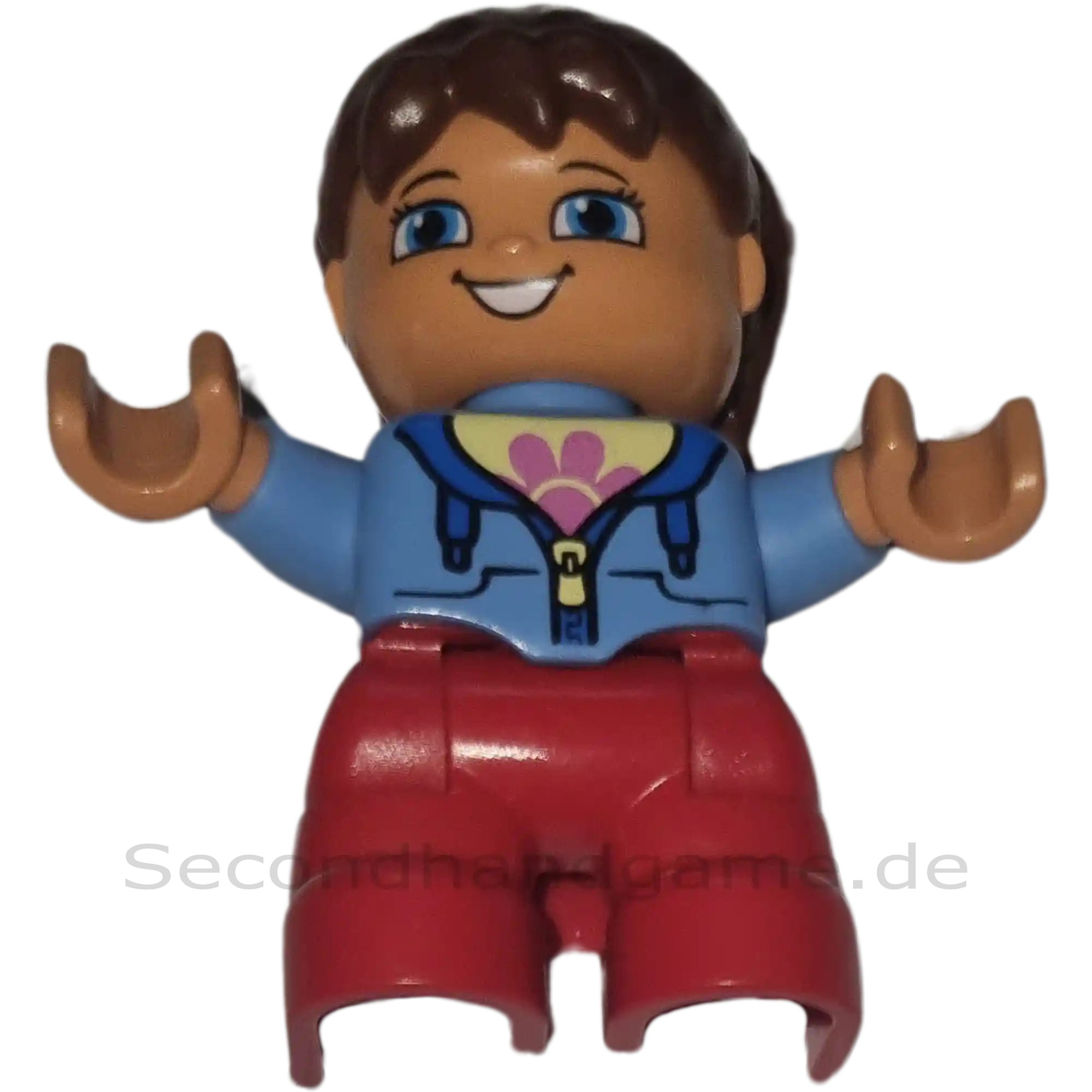 Lego Duplo Mädchen Kind mit blauer Jacke, roter Hose und braunen Zöpfen