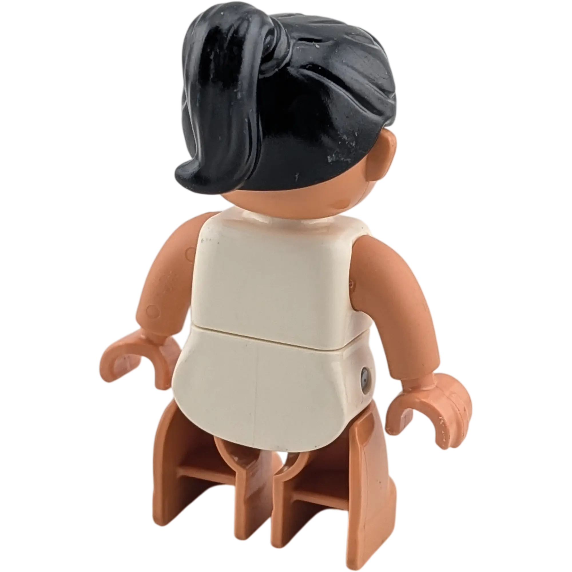 Lego Duplo Figur Frau Zirkus Artistin Schwarze Haare Zopf Weißes Oberteil mit Sternen, Ansicht 2