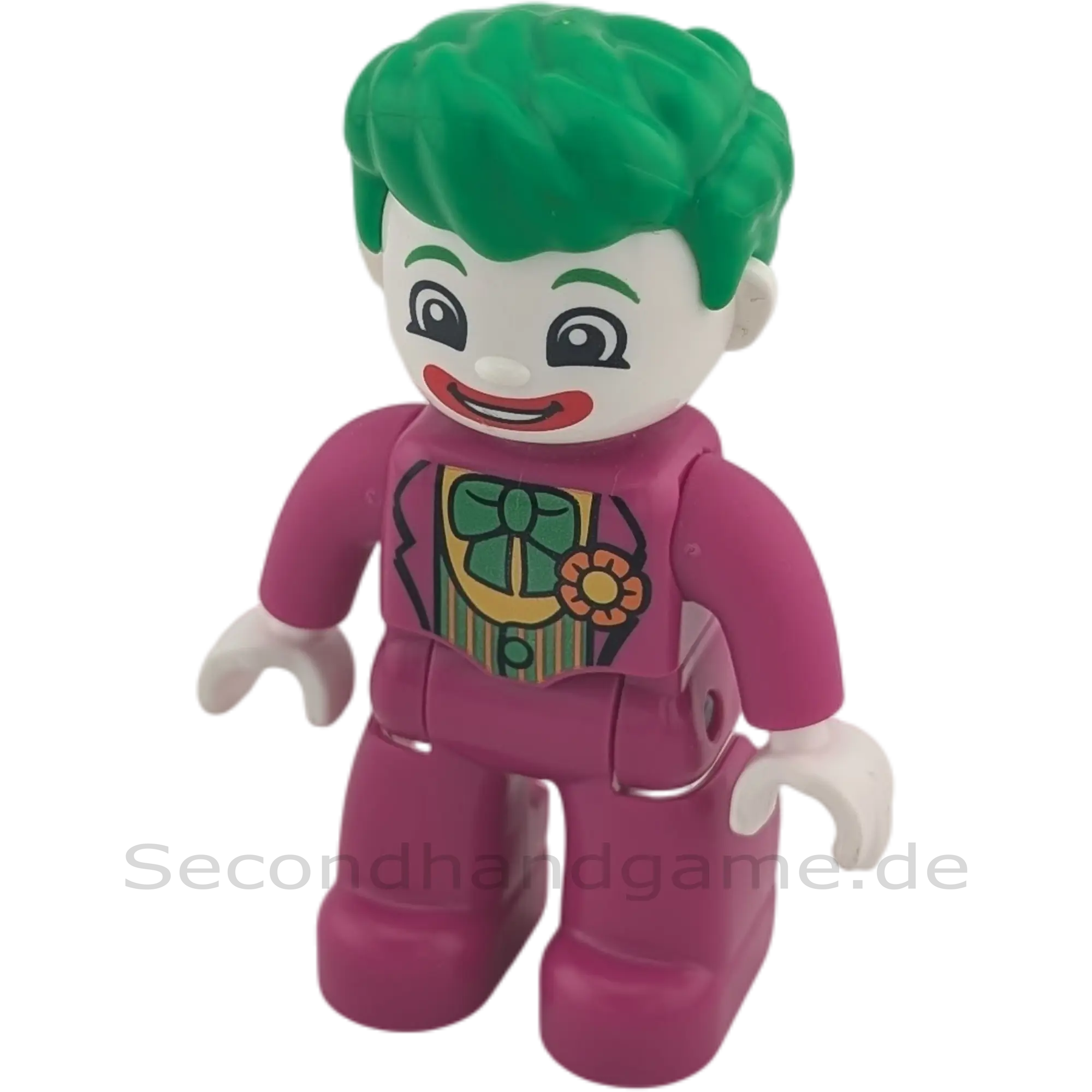 Lego Duplo 150H0 Batman Feind Joker grüne Haare pinker Anzug mit Blume und Fliege, weiße Haut