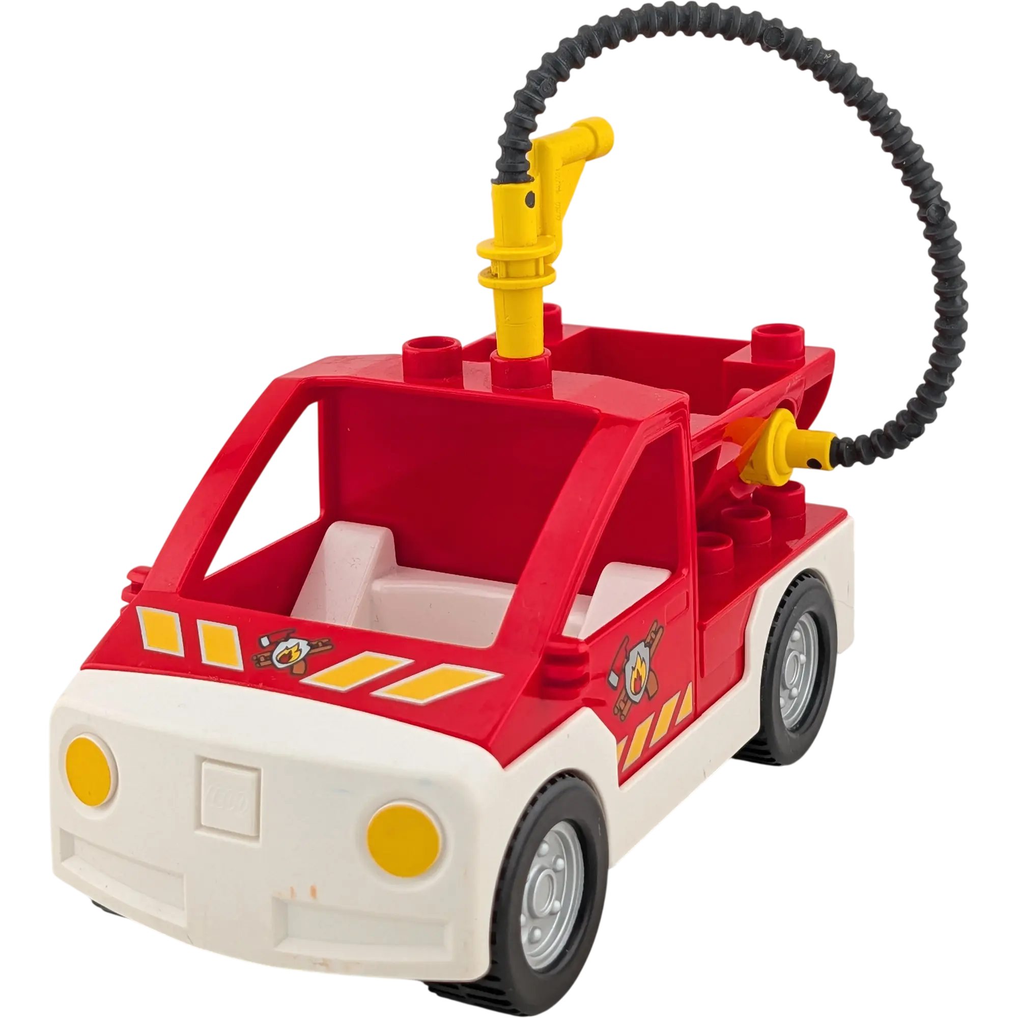 Lego Duplo Feuerwehrauto Jeep Rot mit Container auf der Ladefläche und Feuerwehrschlauch