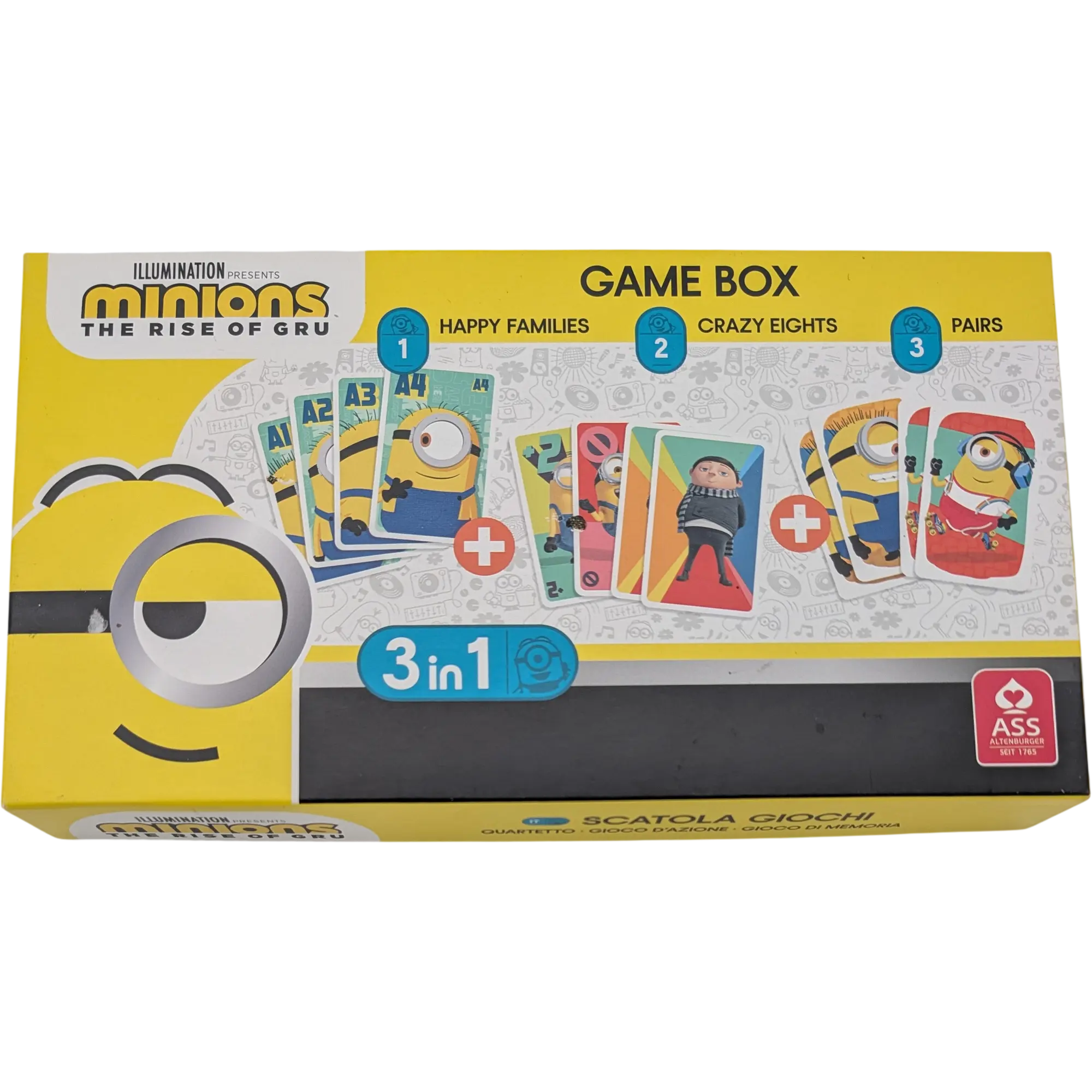 ASS Minions The Rise of Gru Game Box 3in1 Quartett Mau Mau Memo