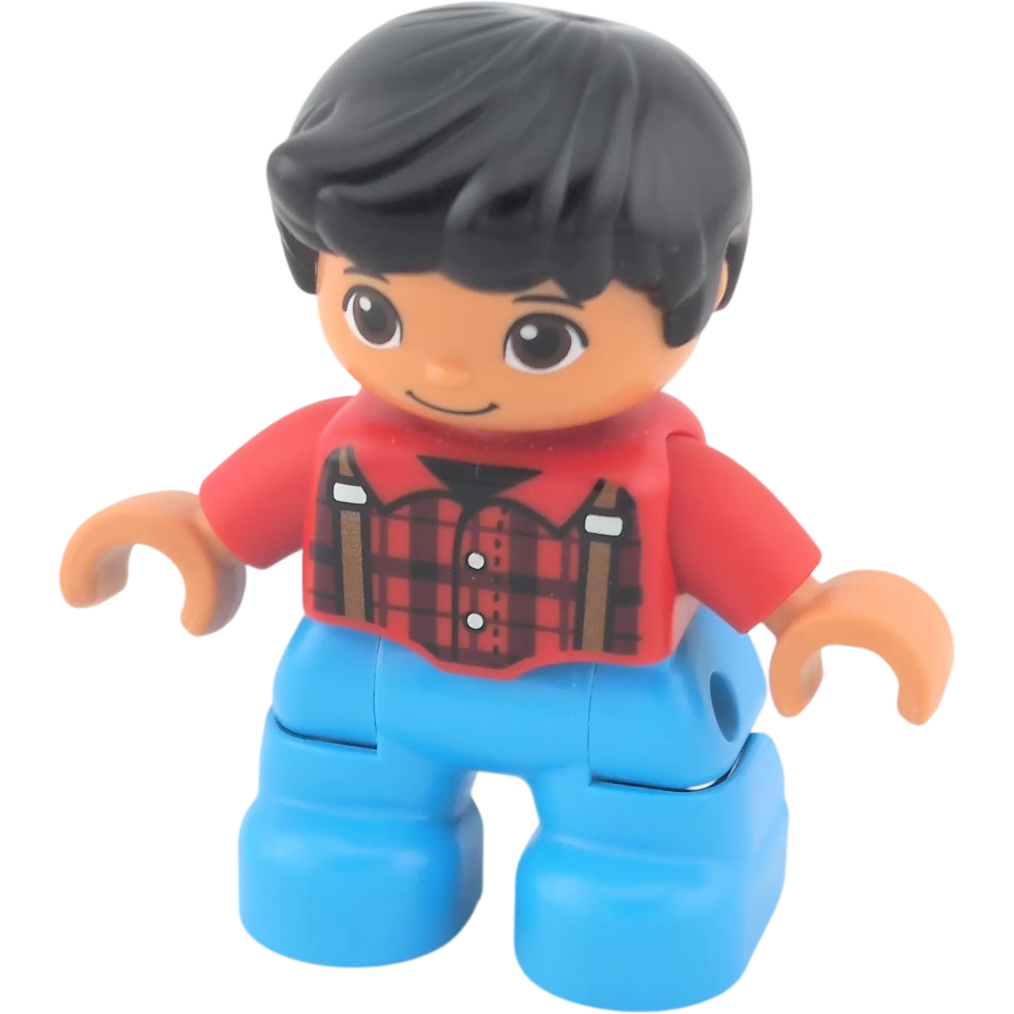 Lego Duplo Junge schwarze Haare mit azurfarbener Hose, kariertes Hemd, Hosenträger