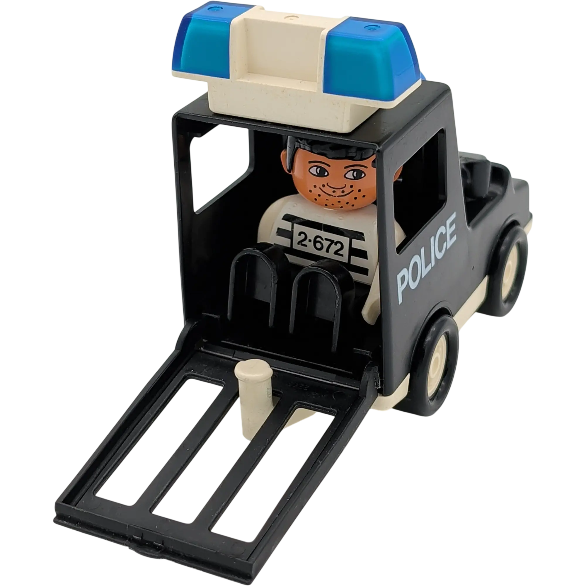 Lego Duplo Polizeiauto Schwarz Weiß Gefangenentransport mit Polizist und Verbrecher