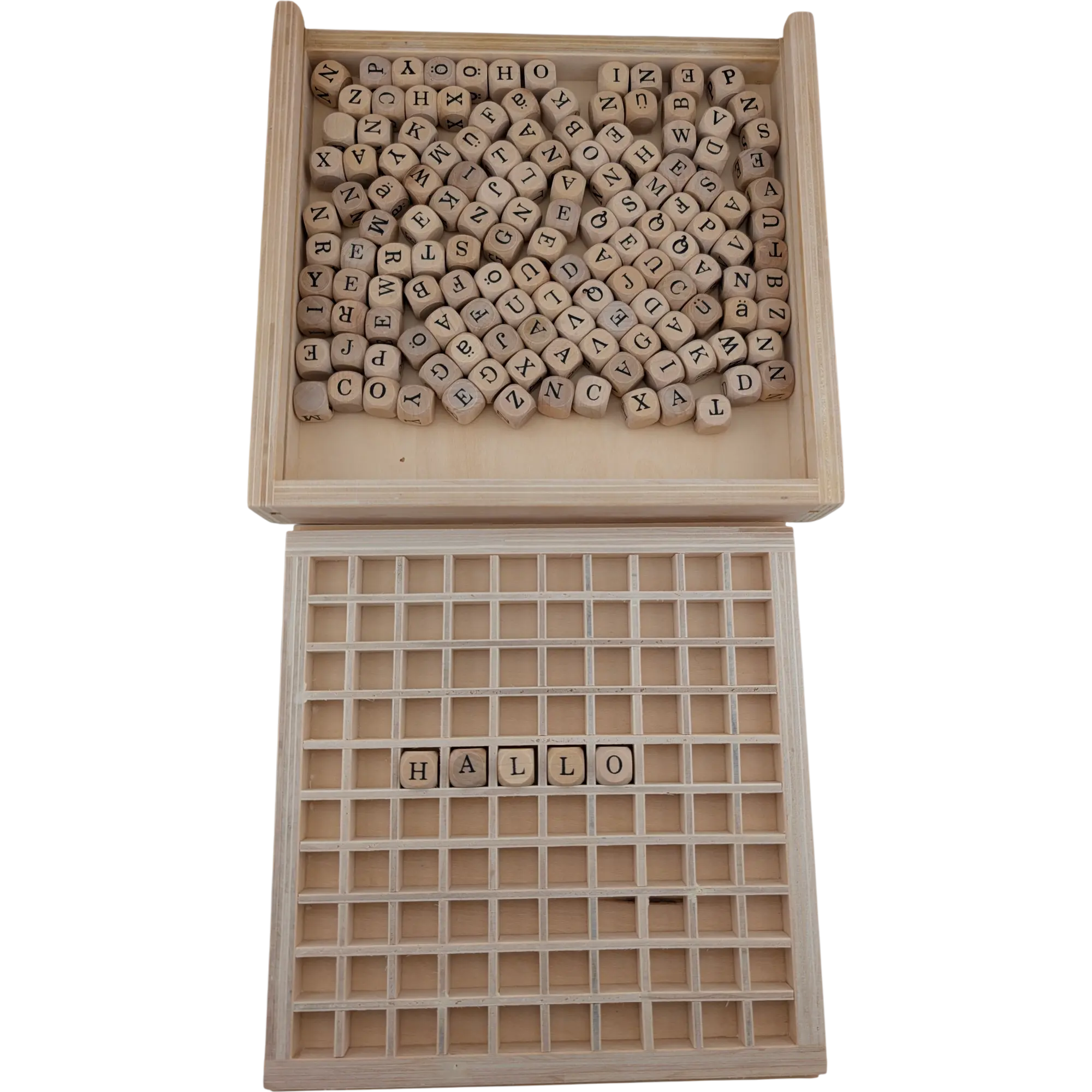 Buchstabenwürfel im Setzkasten, ab 6 Jahren Schreiben lernen Holz