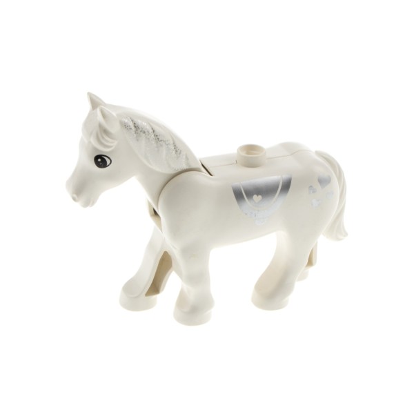 Lego Duplo Pferd weiß mit beweglichem Kopf und silbernem Sattel B-Ware