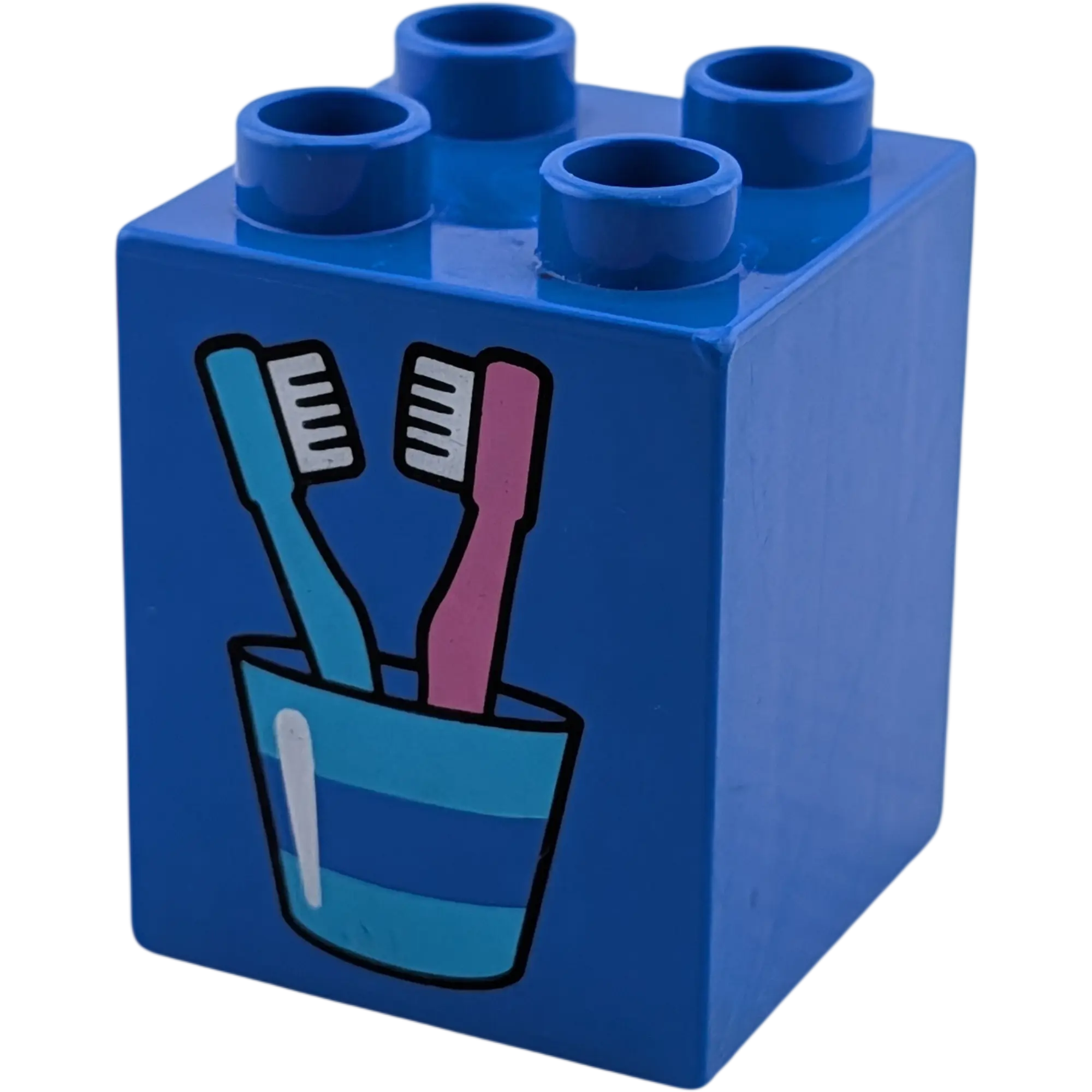 Lego Duplo 2x2x2 Stein Blau mit zwei Zahnbürsten im Zahnputzbecher