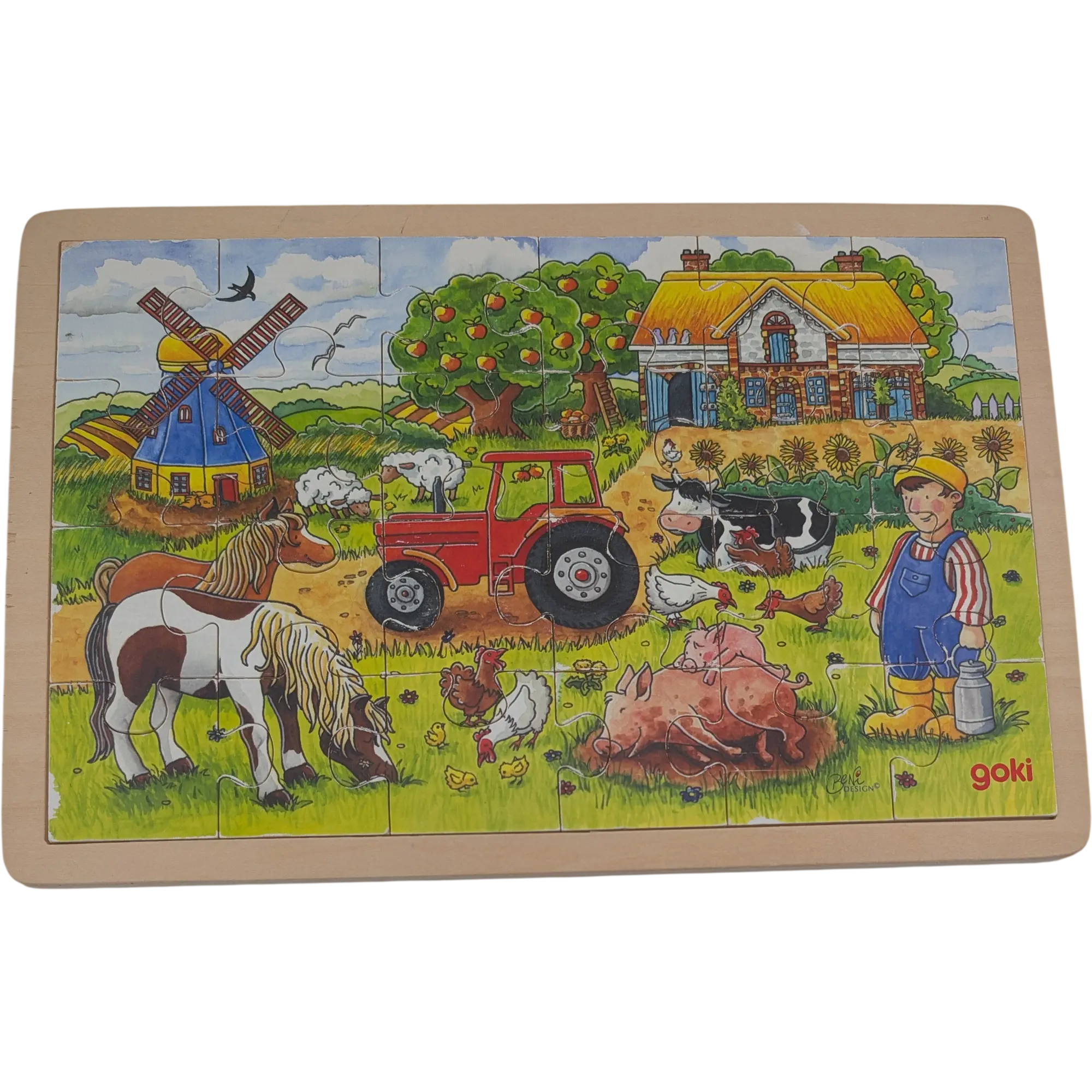 Goki Holzpuzzle Bauernhof Mühle Pferde Tiere 24 Teile, ab 3 Jahren Rahmenpuzzle aus Holz