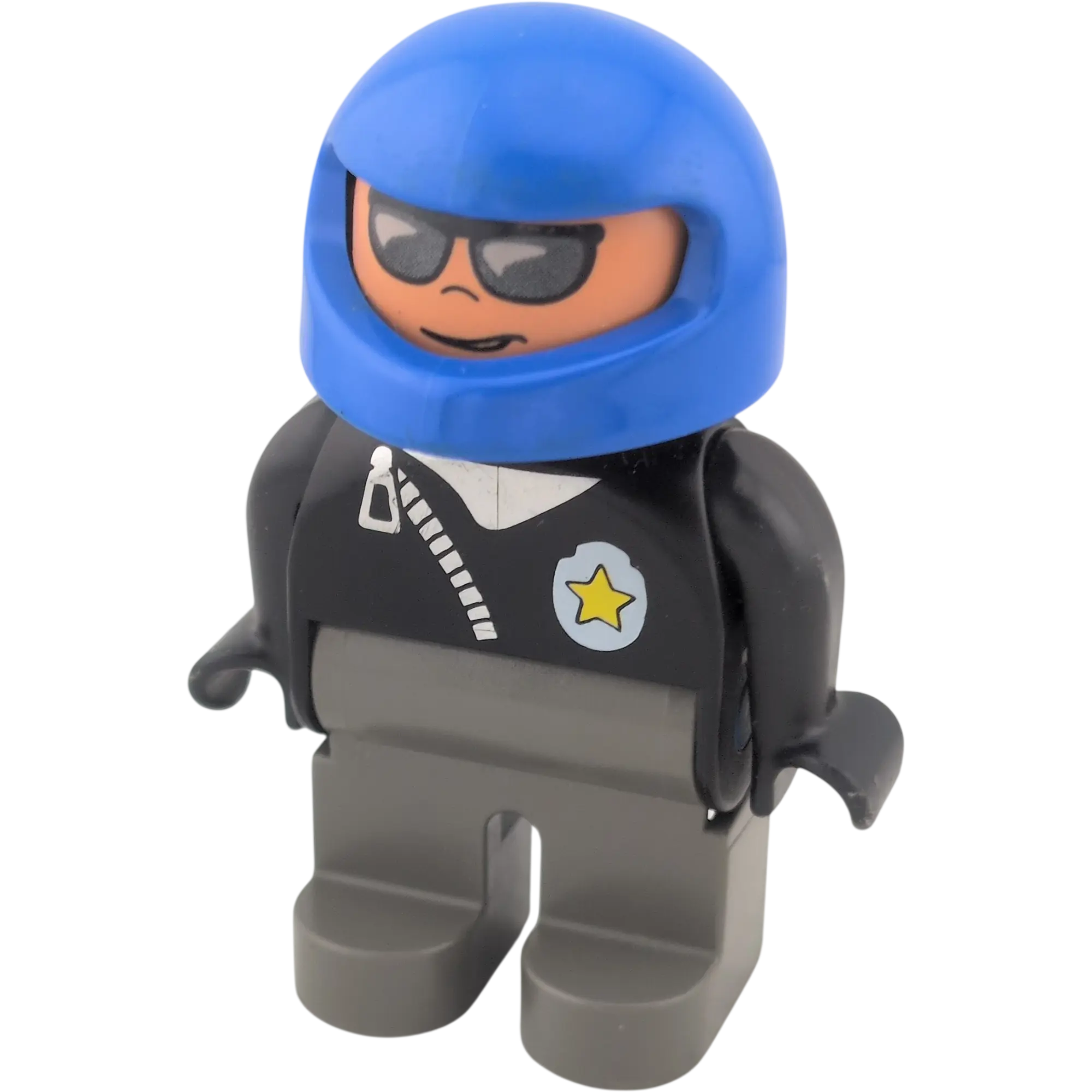 Lego Duplo Mann Polizist schwarze Jacke mit Sheriffstern, graue Hose, blauer Motorradhelm